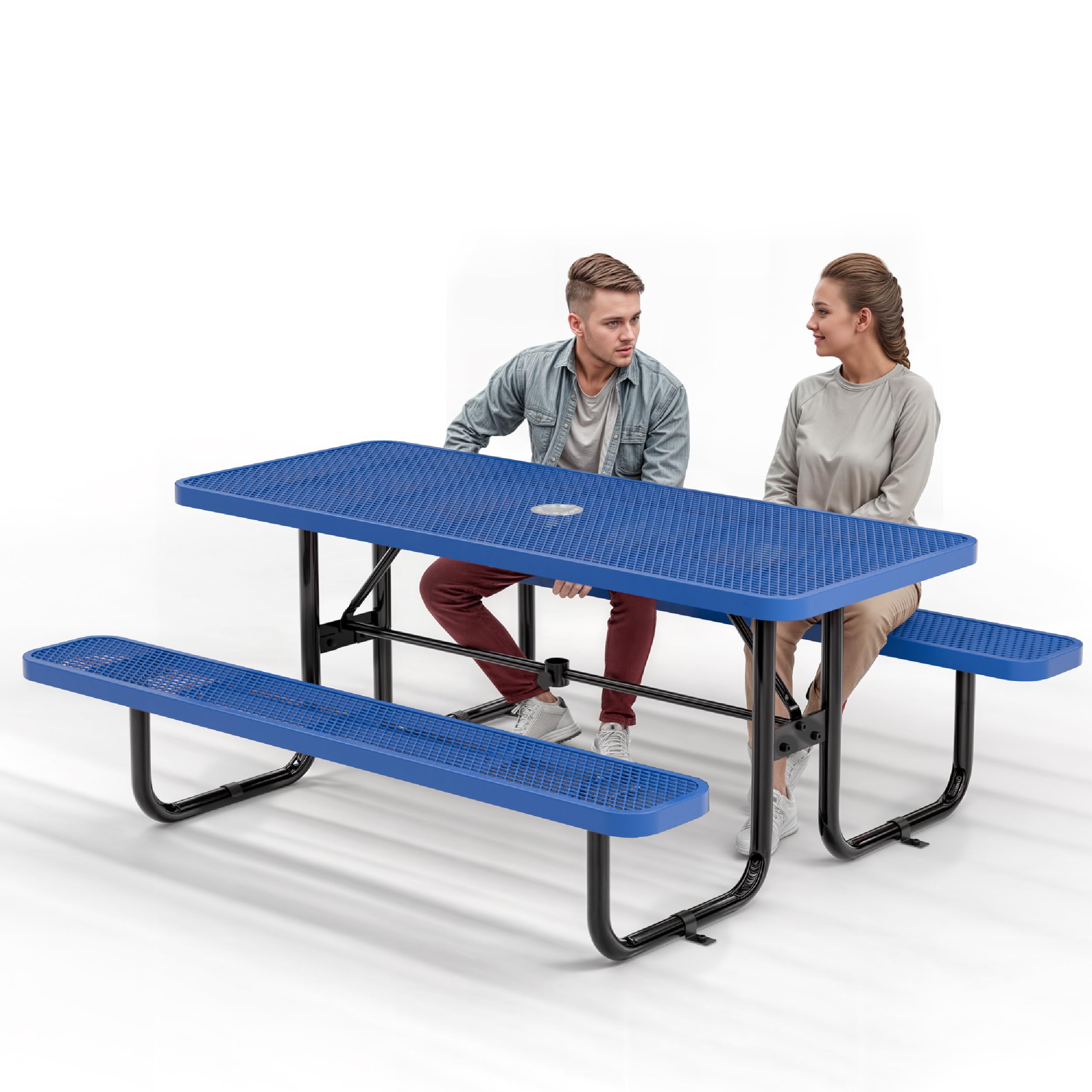 Metal Picnic Furniture for Outdoors with Umbrella Hole - Coated Steel Heavy Duty Commercial Grade Table with Adjustable Seats, Patio Set for a Lifetime (Blue, 6' Rectangular)