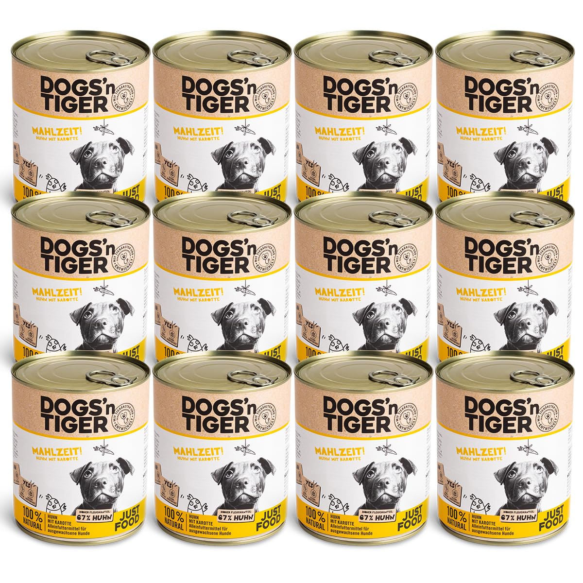 Dogs'n Tiger Adult cibo umido per cani, pasti, cani, cibo umido per cani, ricetta adatta agli animali con 67% di carne di pollo, olio di semi di lino ed erbe aromatiche, senza zucchero e aromi