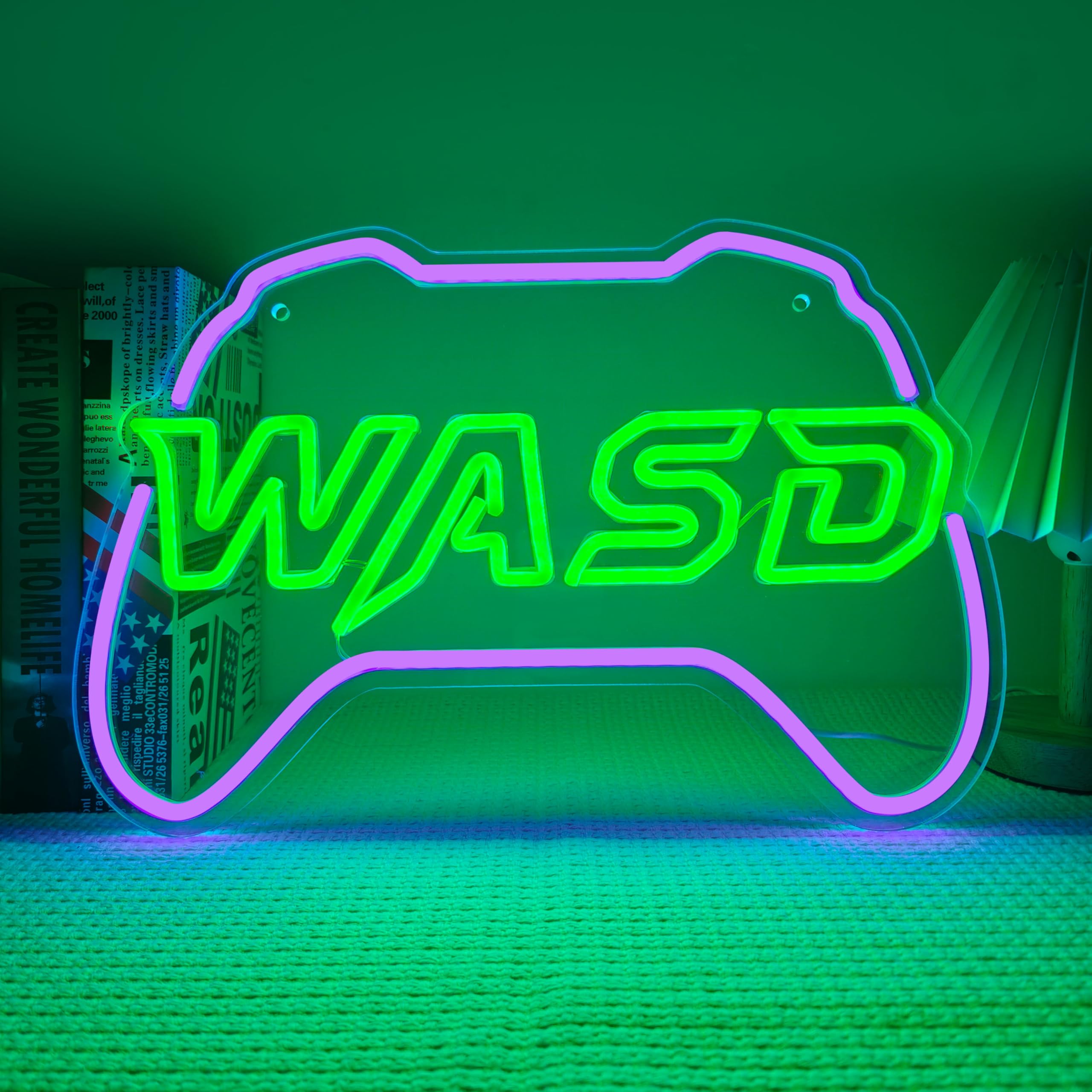 WASD Gaming LED Neon Sign 15.7" Gamer Wall Decor for Teen Boys Room & Man Cave Cyberpunk Green & Purple Light for PC Desktop Setup, Gaming Zone, Streaming Backdrop