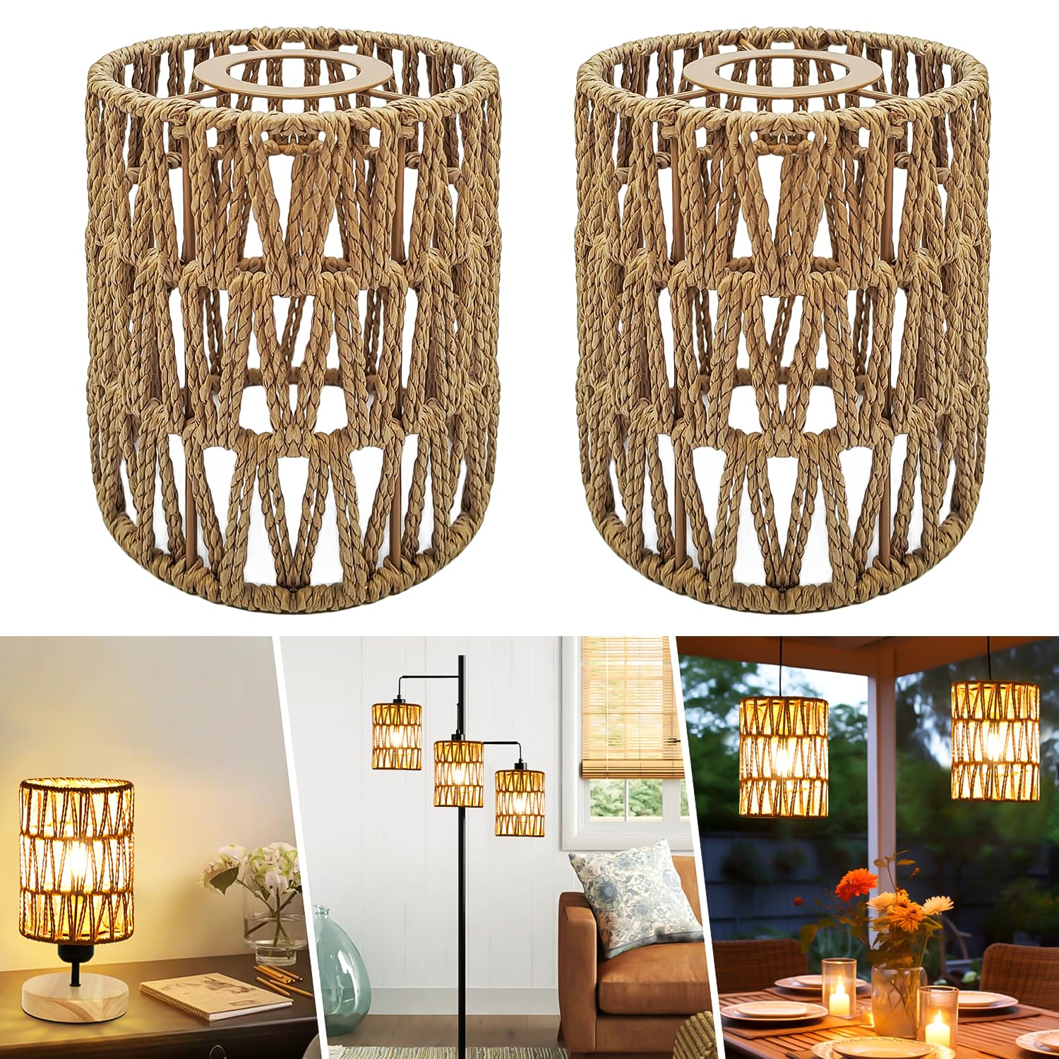 Paralume a sospensione effetto rattan, 2 pezzi, stile boho retrò, copertura per lampade a sospensione, accessori per sala da pranzo, soggiorno in beige