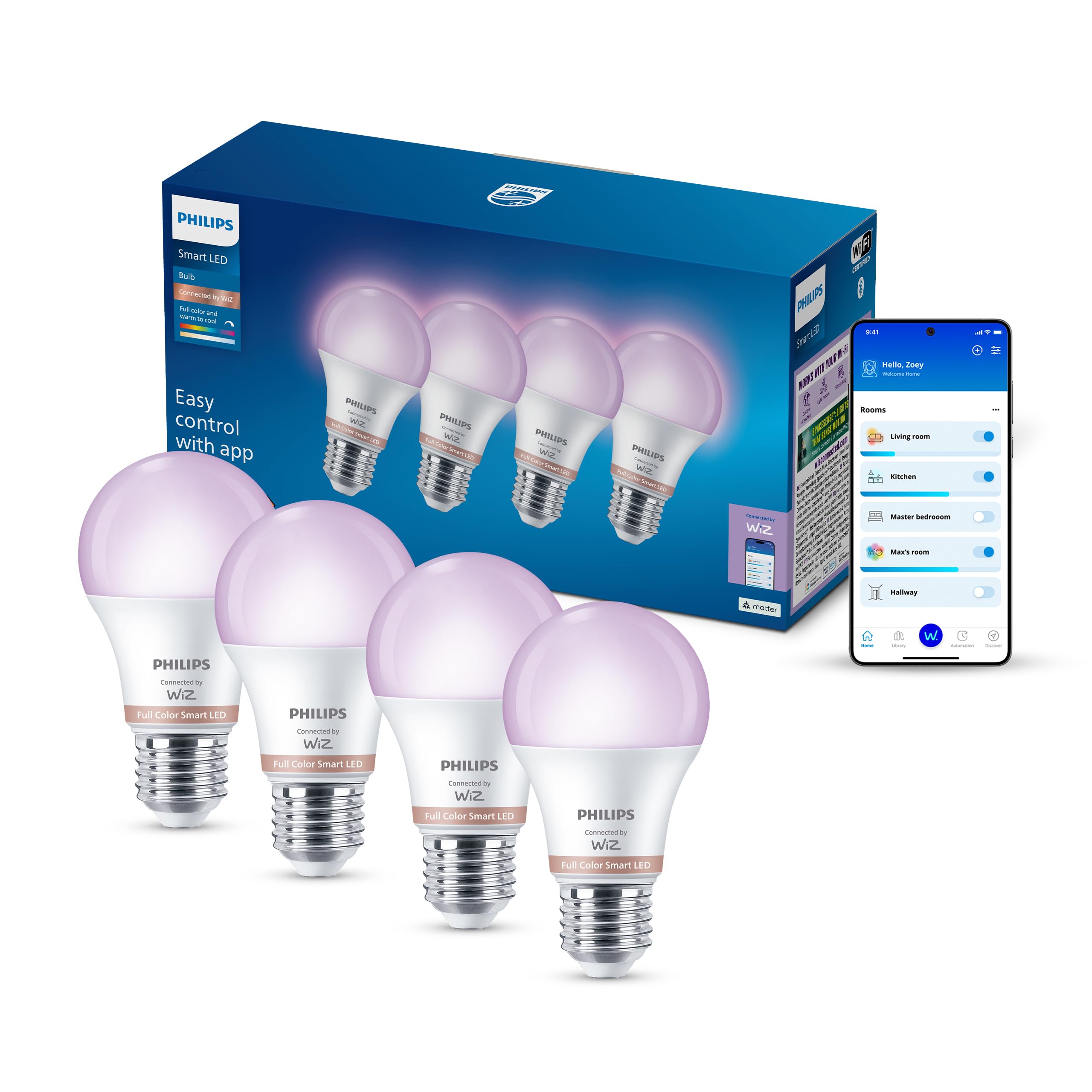 Philips Smart Lighting Lampadina intelligente, A60, E27, RGB, Conf. da 4
