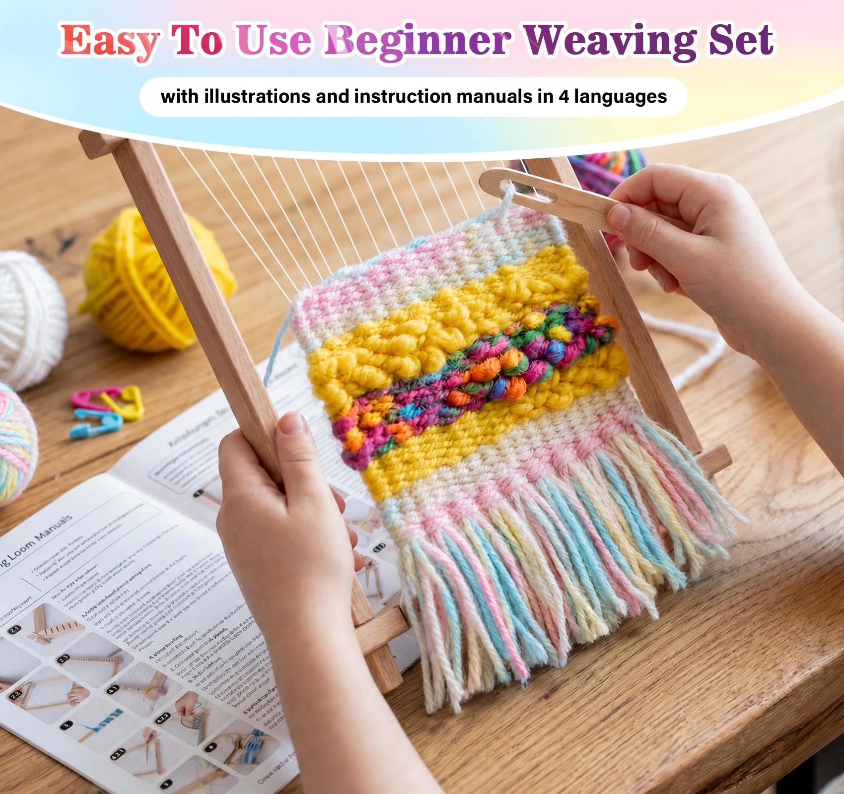 Lemonfilter Kit de telar de tejido, 9 x 11 pulgadas para niños de 8 a 12 años, juego de telar de madera con hilos, varillas, peines, lanzaderas e instrucciones, adecuado para principiantes y niños