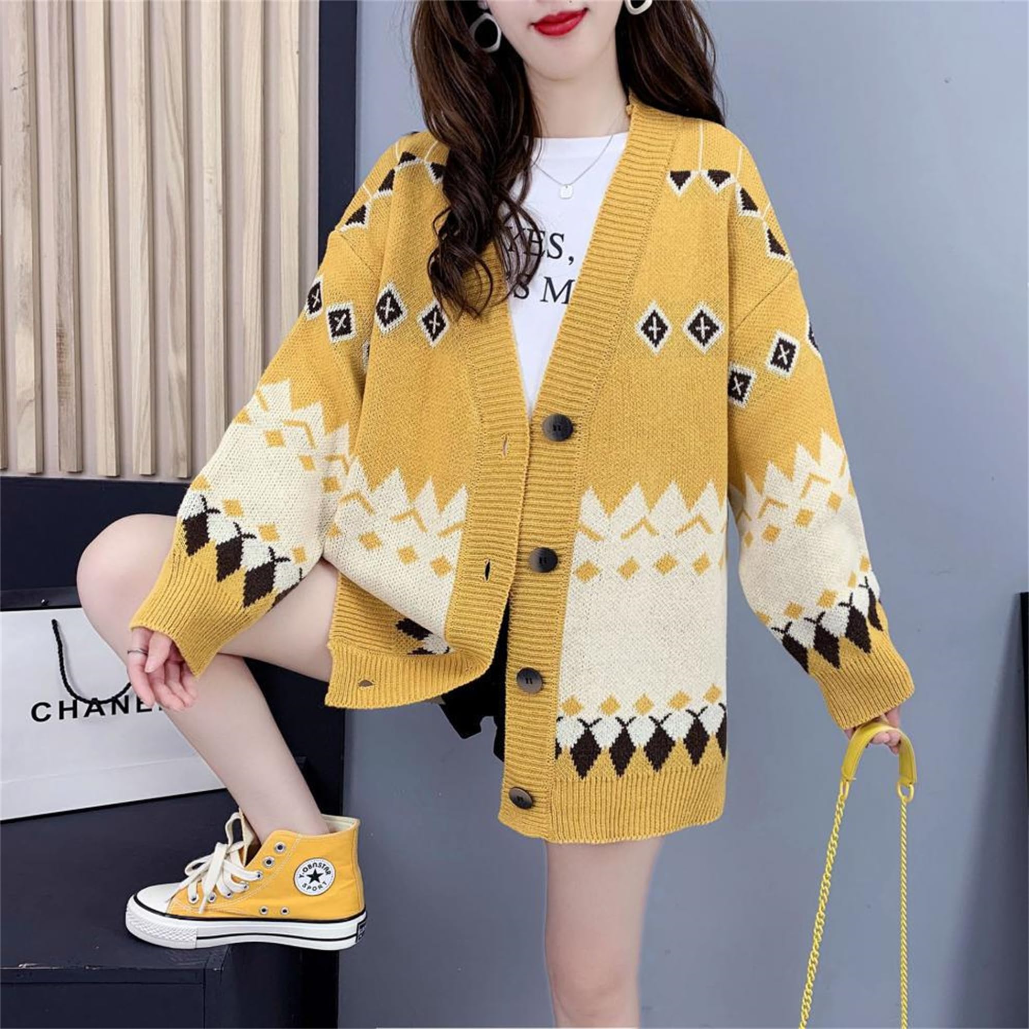 Amazon.co.jp: Women Vintage Argyle Cardigan Autumn Winter Knitted 