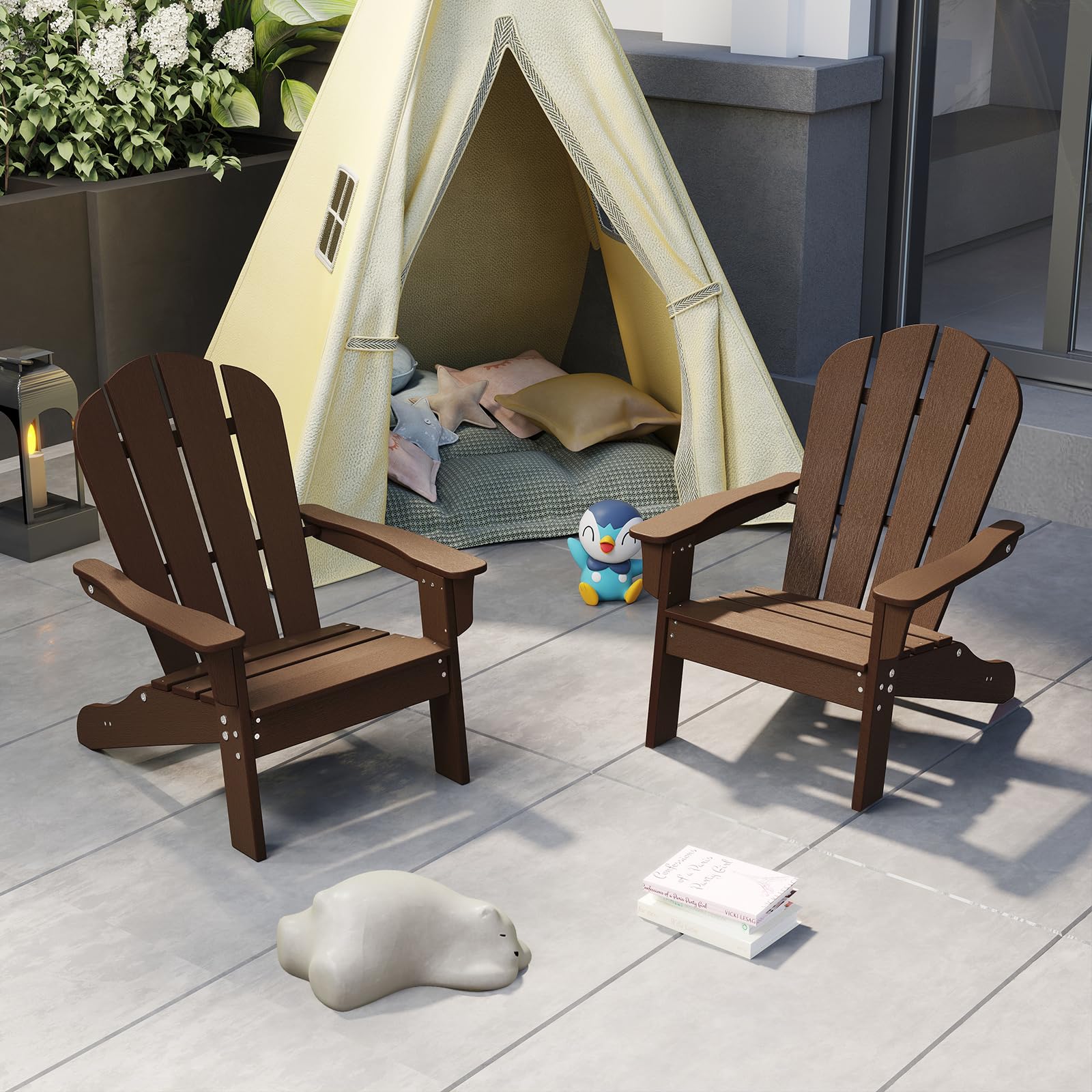 GOPLUS Chaise Adirondack Exterieur pour Enfants, Fauteuil de Jardin en HDPE Résistante aux Intempéries avec Large Siège, Dossier & Accoudoirs, Angle à 105°, Enfant pour 3-8 Ans,Charge 75KG (Marron)