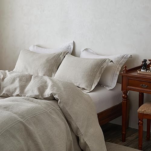 Miniatura 7 de Simple&Opulence Juego de funda de edredón 100% lino lavado de 68 x 86 pulgadas, juego de edredón suave de 2 piezas con bordado doble con cierre de