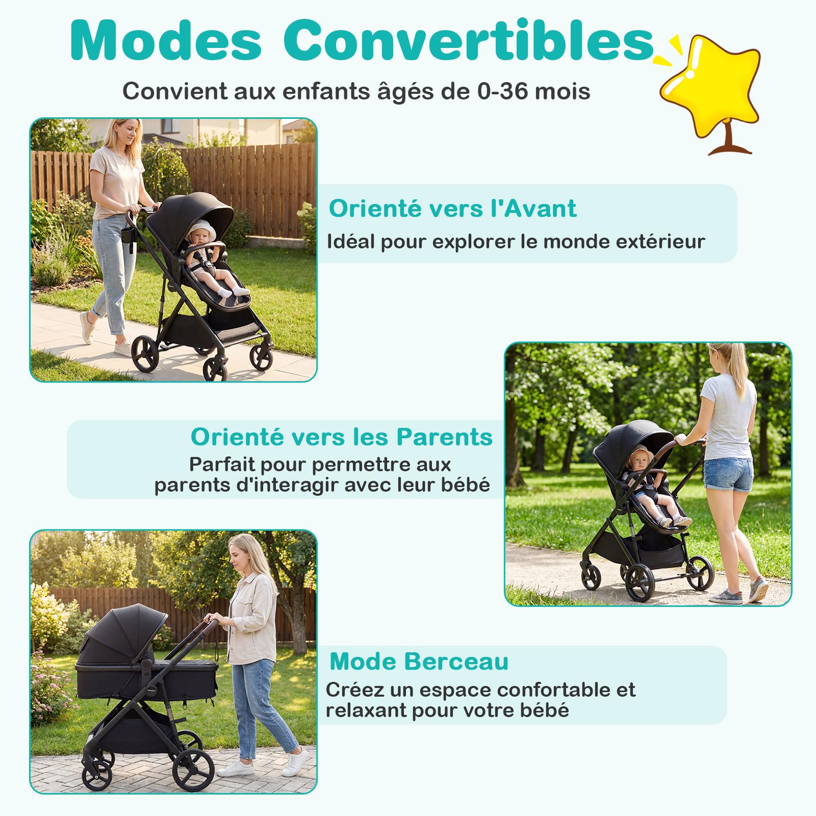 COSTWAY Poussette 3 en 1 Pliable Siège Réversible Nacelle 0-3 Ans 22 kg Noir