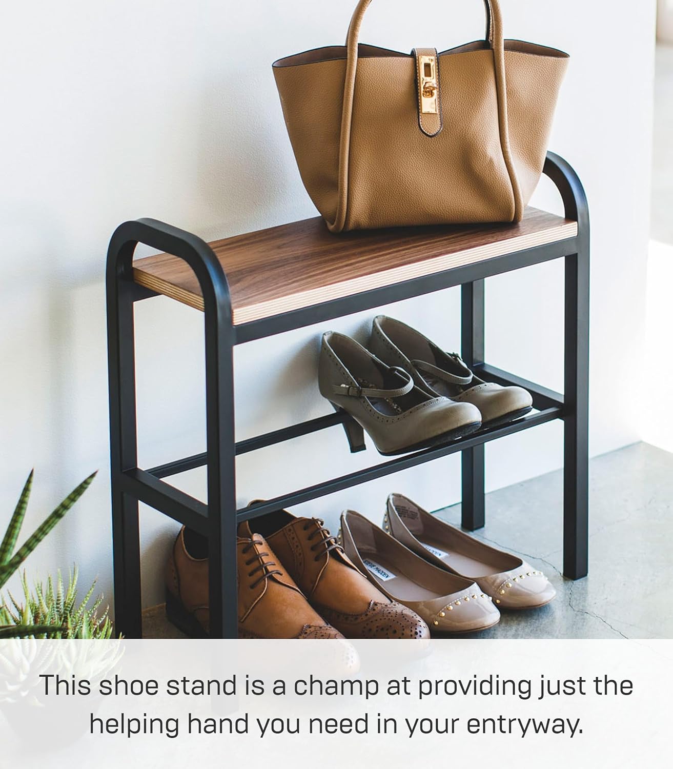 YAMAZAKI Home Tower Shoe Organizer Rack With Wooden Bench Top, Storage Table For Entryway With Handles, 18" - Steel + Wood - Holds 4 Pairs Of Shoes