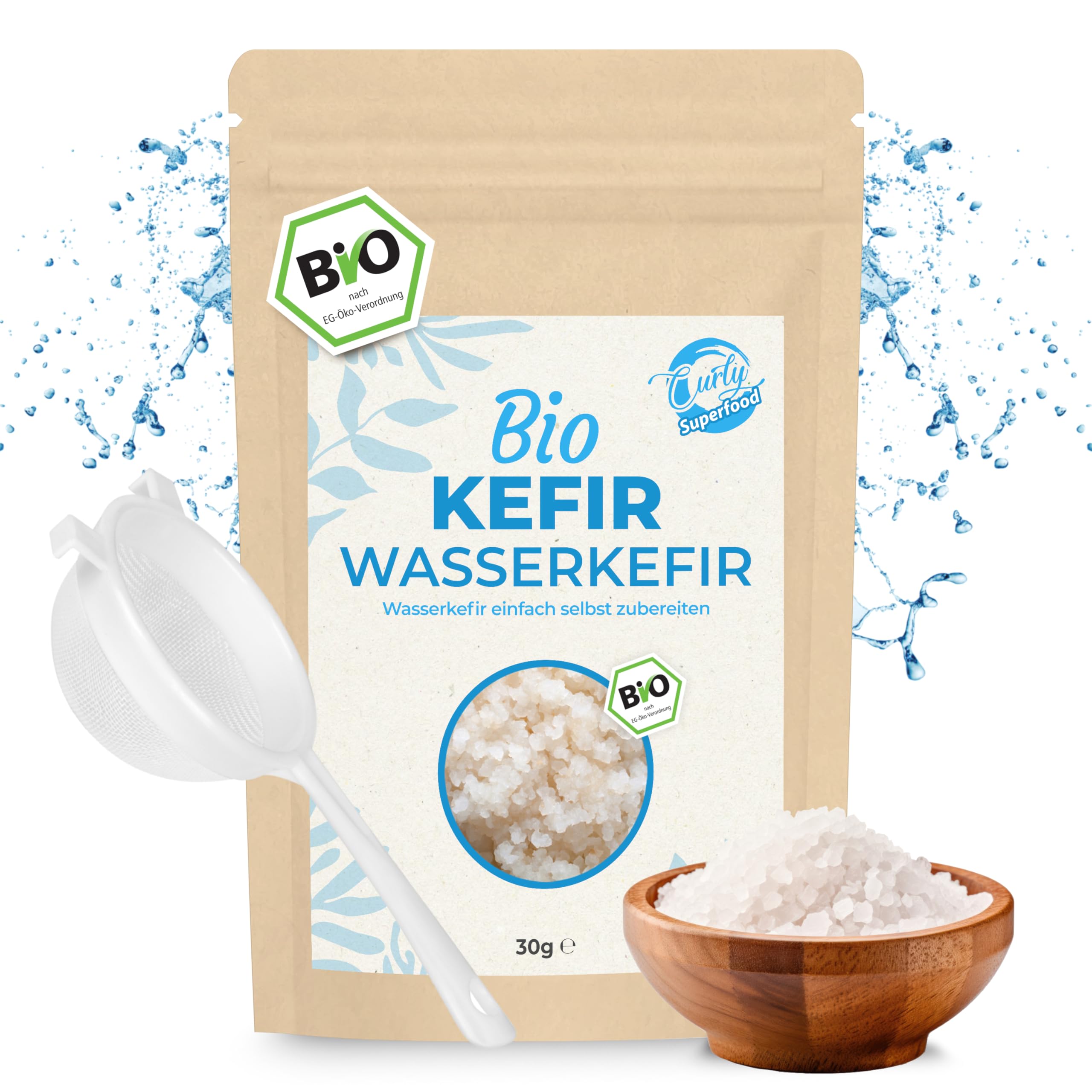 Curly Superfood Wasserkefir Kristalle Bio 30g - Besonders einfach frischen Wasserkefir herstellen (unendlich viel) inkl. Erfolgsgarantie & Anleitung - Kefir Kristalle + Plastiksieb