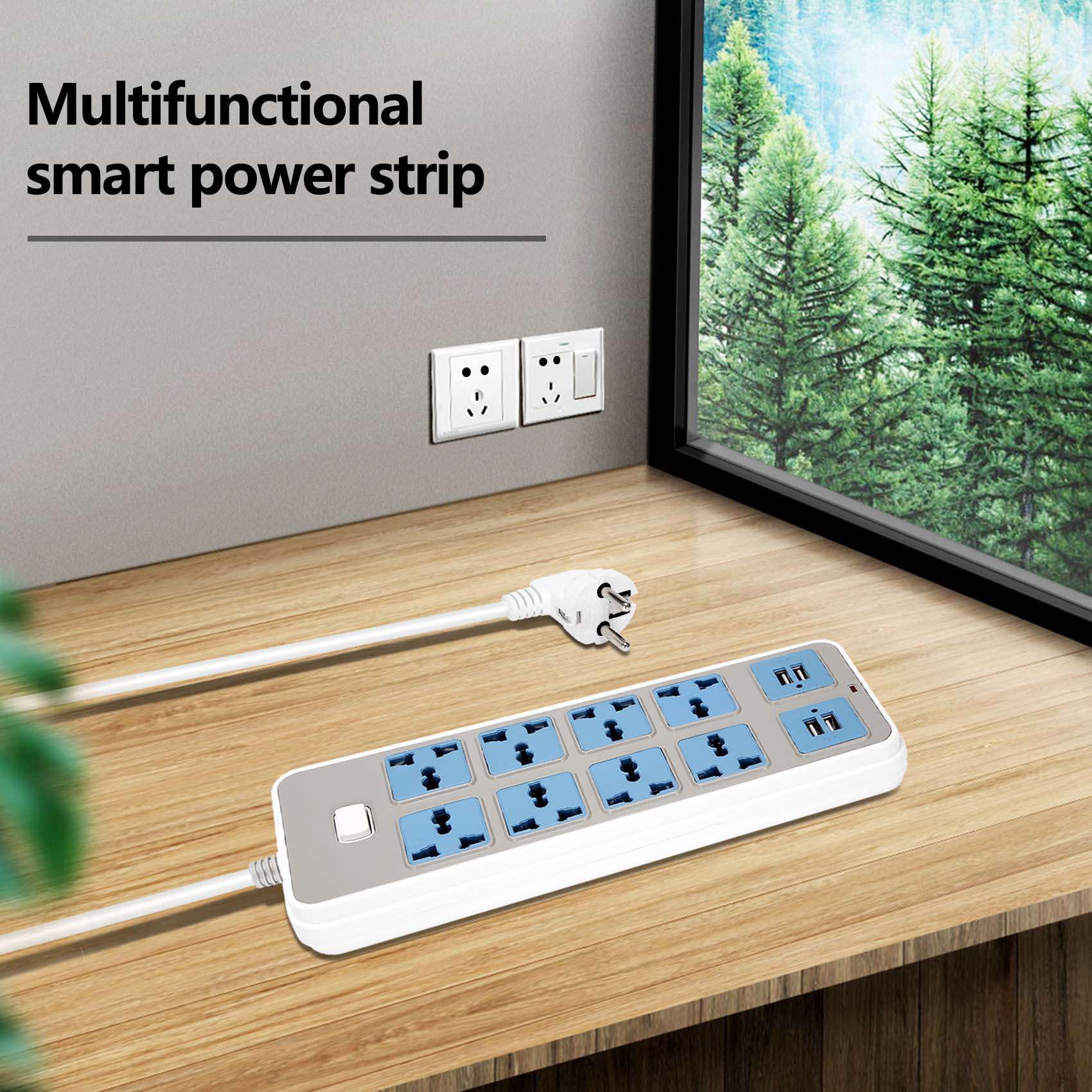 Listwa zasilająca z 4 gniazdami USB, 3000 W, 8 uniwersalnych gniazd, kabel zasilający 6,5 stóp, wtyczka EU
