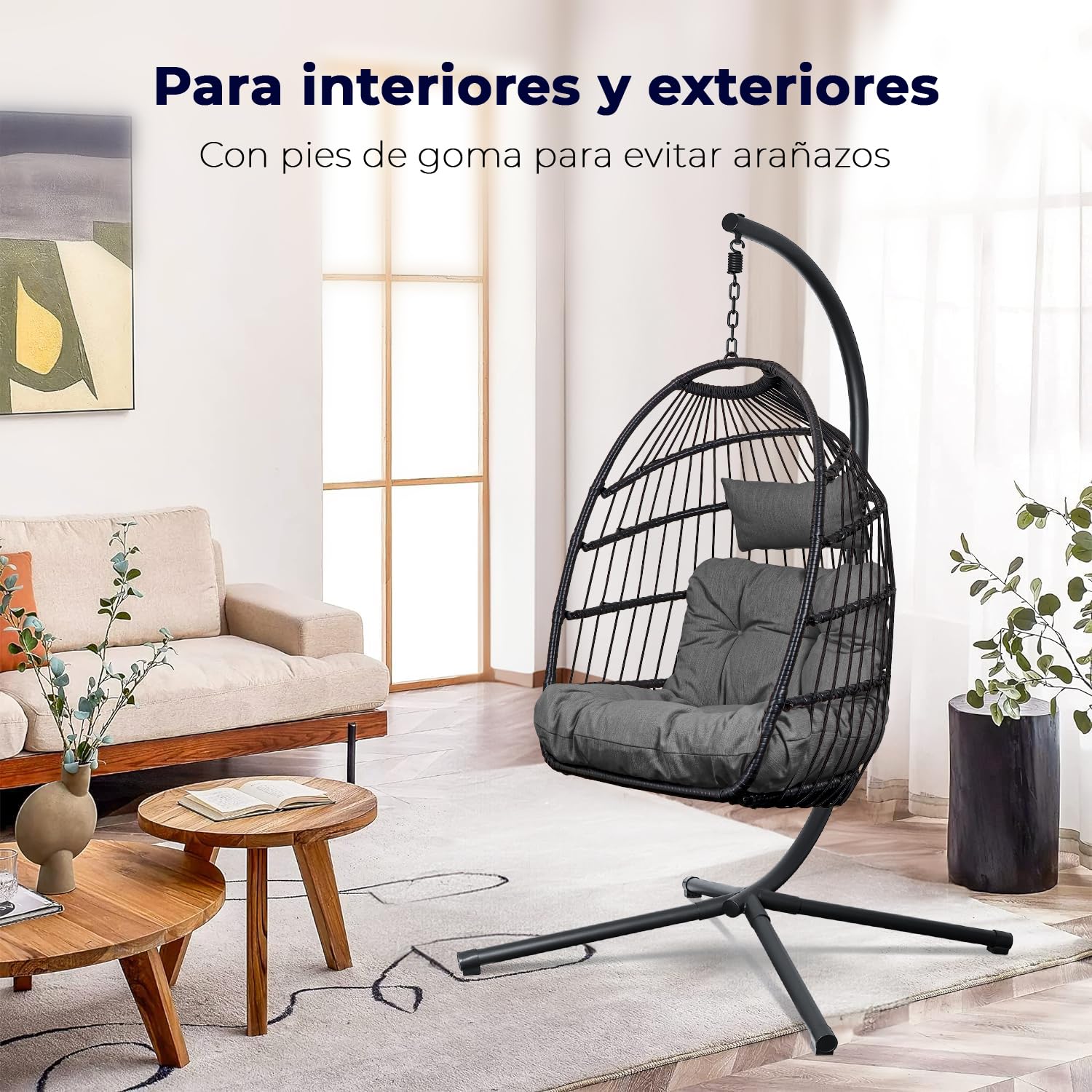Swoods Silla Colgante de Huevo – Silla Colgante con Soporte – para Interior y Exterior – Incluye Cojines y Fundas – Silla de Huevo – Cocoon – Silla de Huevo – hasta 150 kg