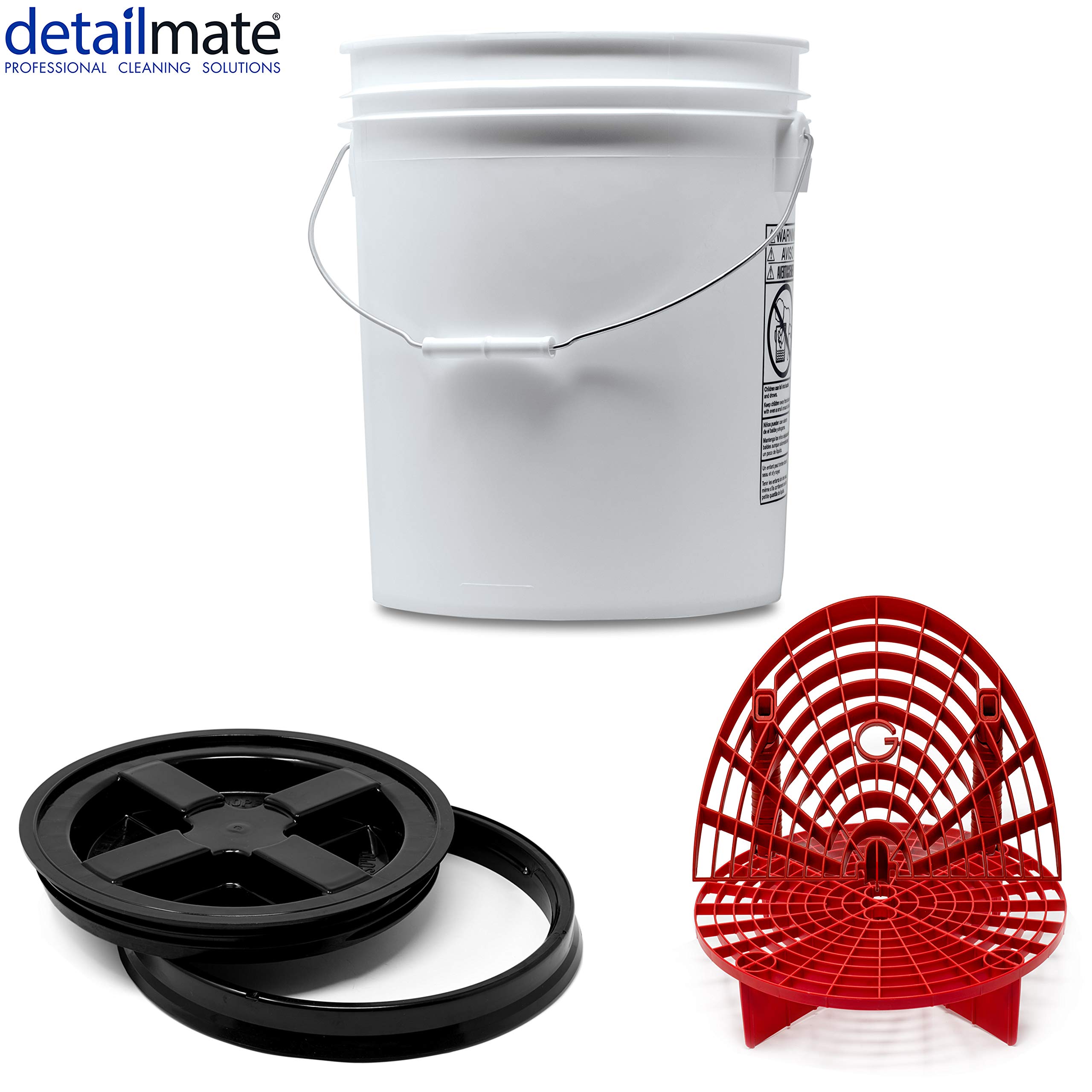 Detailmate professionelles Wasch Eimer Set: Magic Bucket Wascheimer 5 GAL (ca. 20 Liter), Gamma Seal Eimerdeckel schwarz, GritGuard Schmutz Einsatz rot, GritGuard Washboard rot