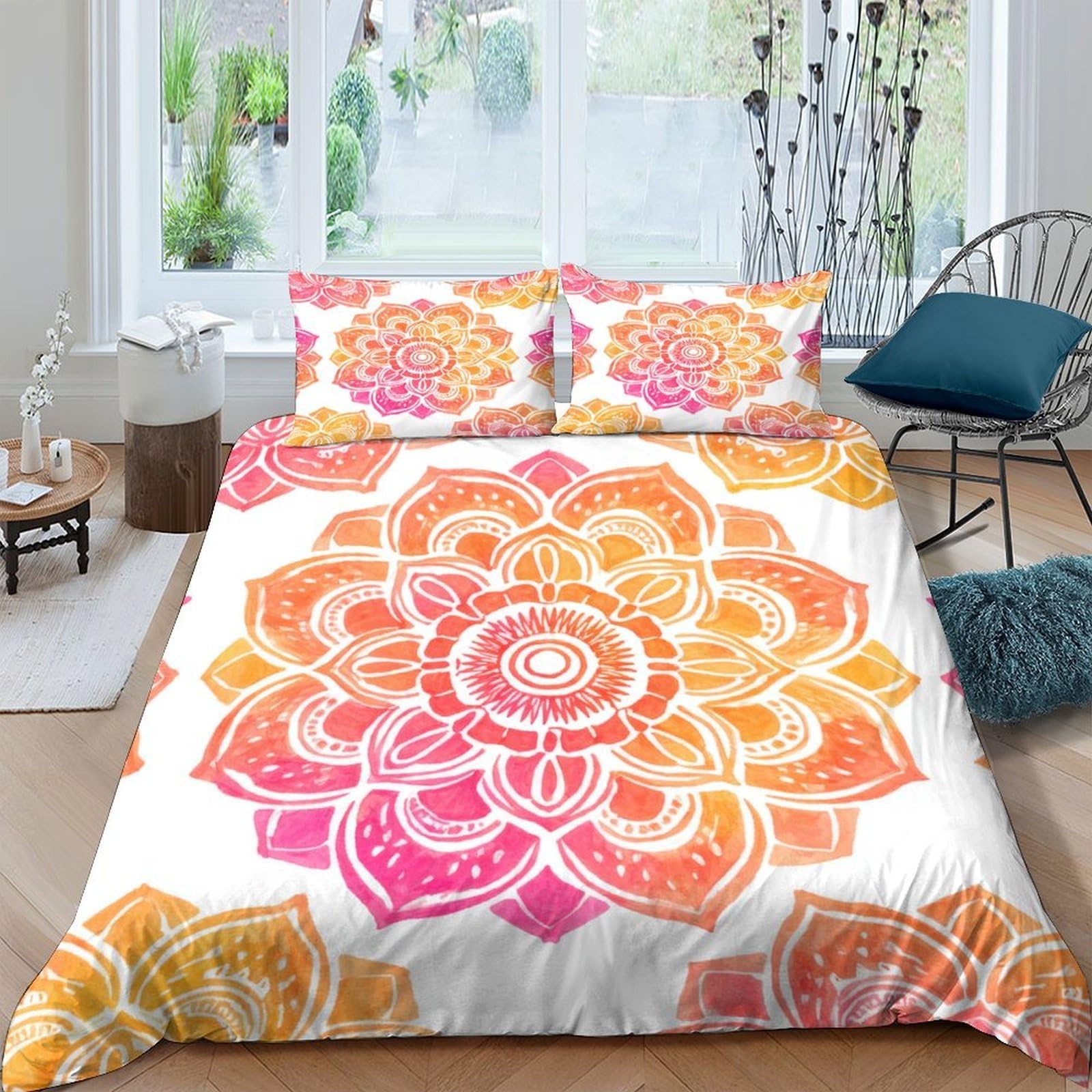 GPLZQXKJNH 3D Printed Mandala Flower Duvet Cover Microfiber Soft Breathable Sunset Gradient Bedding Set with 2 Pillowcases for Bedroom Home Single（135x200cm）