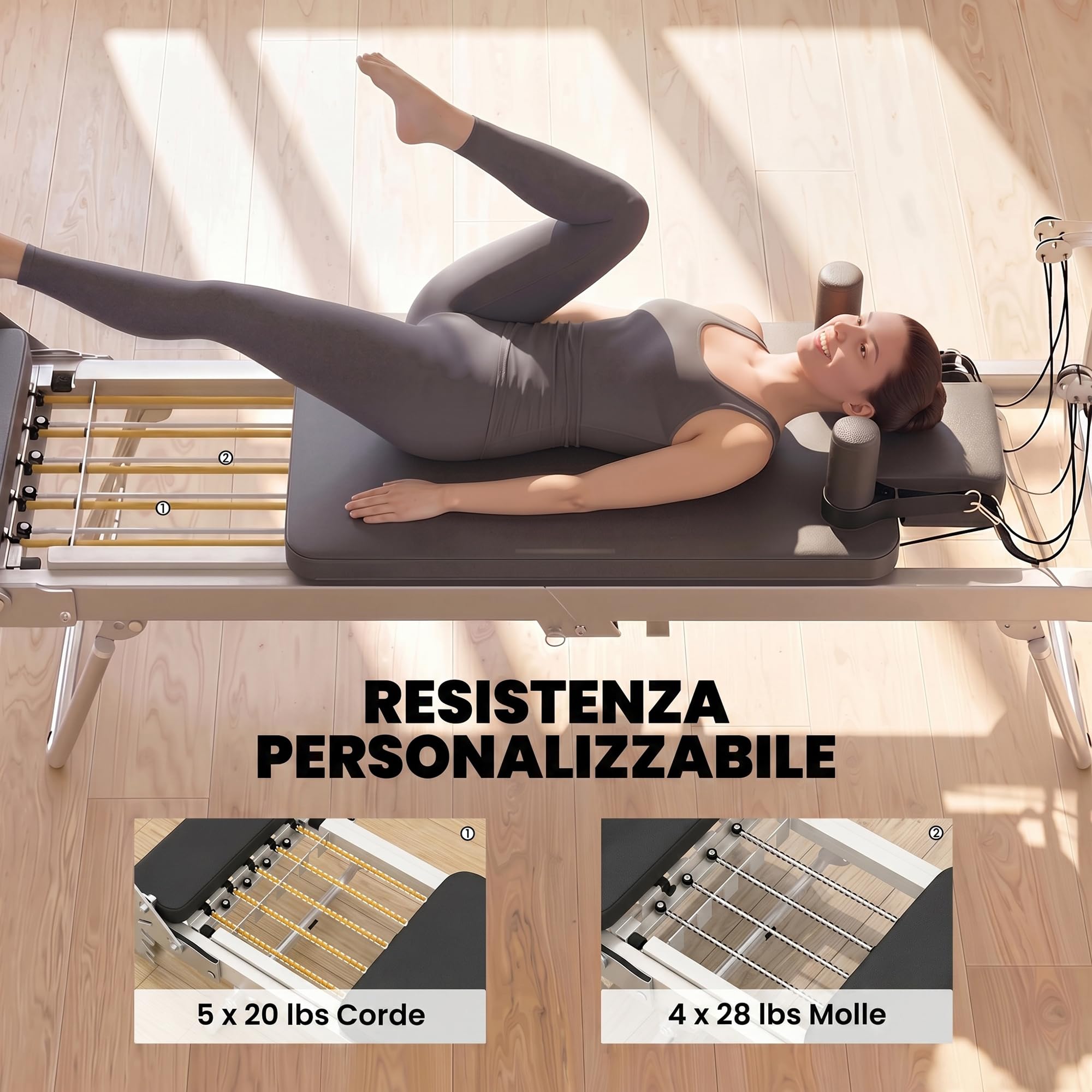 SPORTNOW Reformer Pilates per Casa Pieghevole con Resistenza Regolabile, Macchina Pilates Reformer con Barra Poggiapiedi e Sistema Pulegge Regolabile, Molle, Allenamento Palestra Casa Principianti