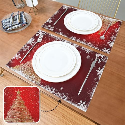 Miniatura 9 de Juego de 6 manteles individuales de arpillera de Navidad con diseño de copos de nieve y turquesa para el hogar, cocina, decoración de vacaciones