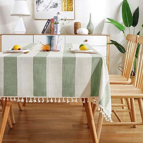 AmHoo Stitching Tassel Tablecloth Striped Table Cloth Rectangle Cotton Linen Dust-Proof Table Cover for Kitchen Dinning 54 x 54 Inch Green