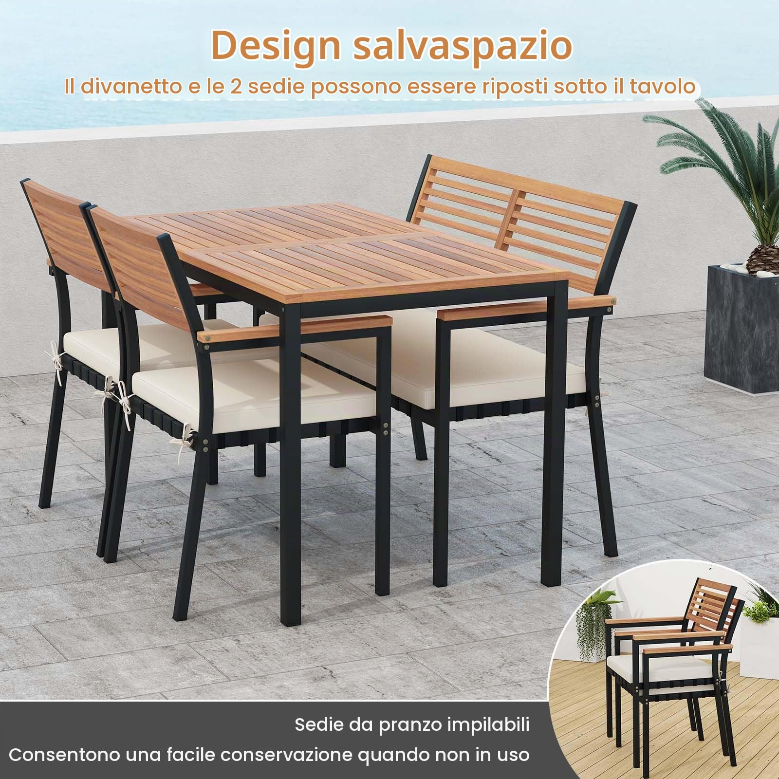 KOMFOTTEU Tavolo da Giardino con 2 Sedie e Panca con Foro per Ombrellone e Cuscino Morbid, Set Pranzo da Giardino Ergonomico in Legno di Acacia, Design Impilabile, Set Salotto per Esterno da Balcone