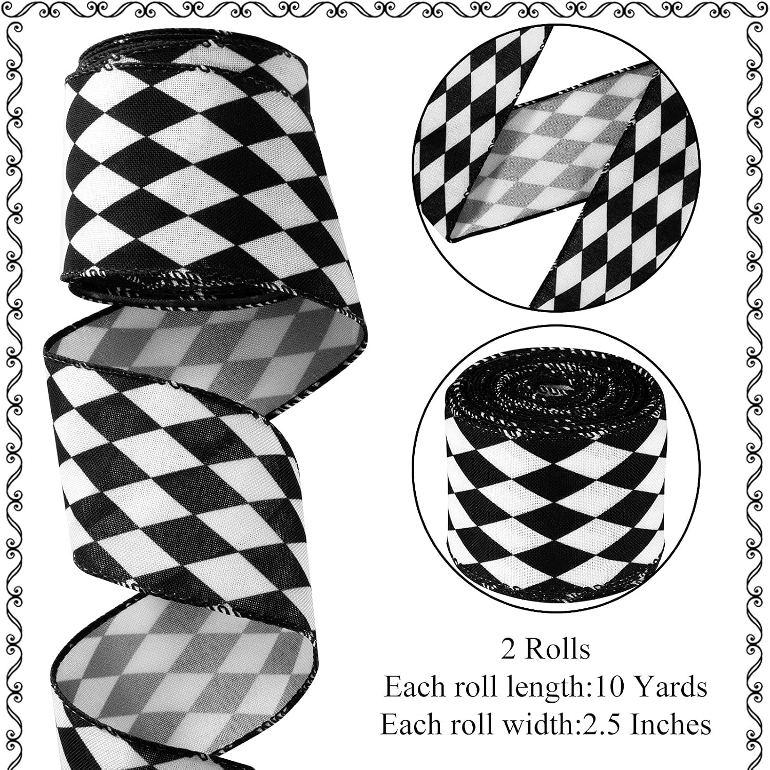 2 Rolls Christmas Checkered Ribbon Black and White Check Ribbon Diamond Check Wired Edge Ribbon Diamond Pattern Decorative Ribbons for Christmas Fall Tree Wrapping DIY Crafts (2.6 Inch)