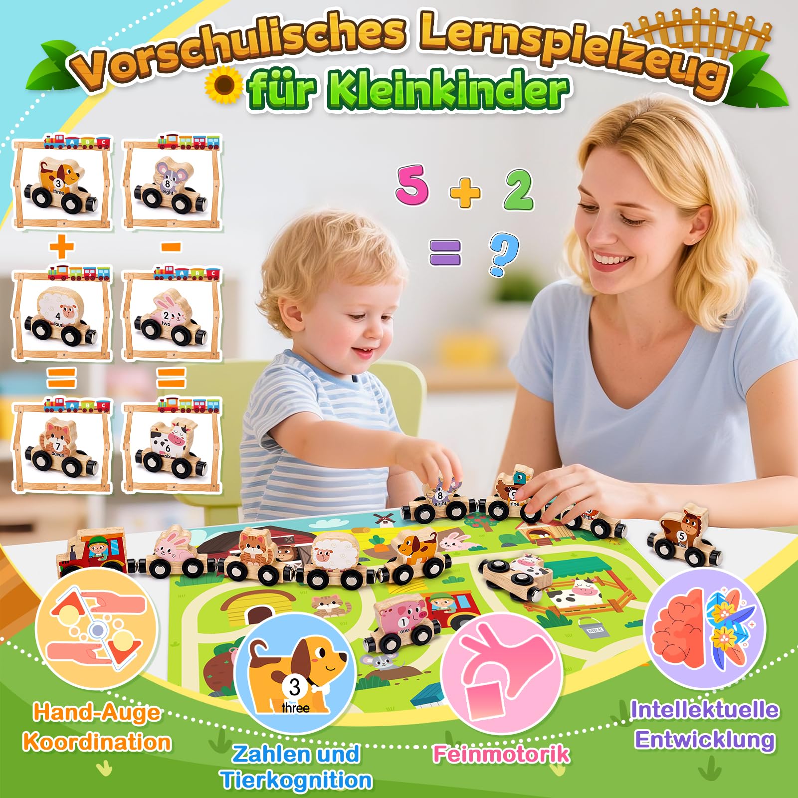 Train Magnétique En Bois Montessori – 10 Wagons Double Face Avec Chiffres Et Animaux, Tapis Et Sac, Dès 1 An