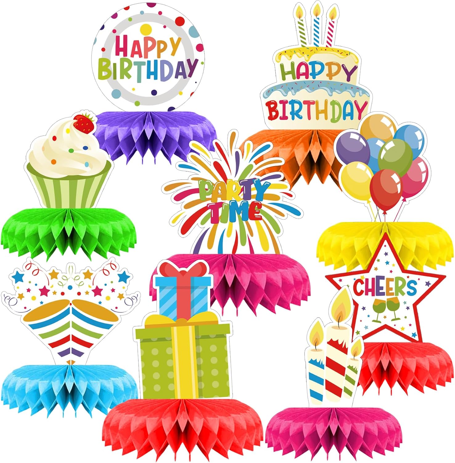 9pcs Happy Birthday Decorations Set Colorful Happy Birthday Sign Birthday Honeycomb Centerpiece Table Toppers for Birthday Party Table Decorations