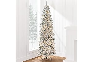 Gleaming 12ft Flocked Pencil Christmas Tree with Warm White Lights