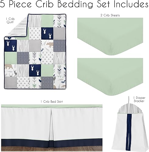 Miniatura 2 de Sweet Jojo Designs Juego de ropa de cama para cuna de bebé, diseño de ciervos y ciervos de color azul marino, colcha de habitación infantil, sábana