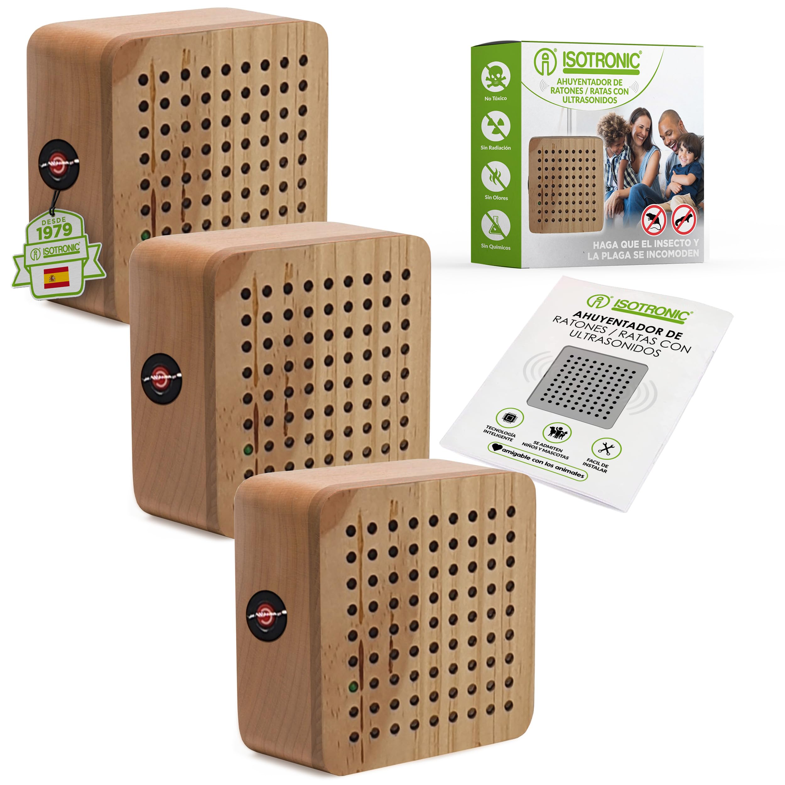 ISOTRONIC Repelente Ultrasónico para Ratones y Ratas — Dispositivo para Áticos, Sótanos y Garajes — Sin Veneno ni Trampas — Alcance Efectivo 40 m² — Pack de 3 Unidades