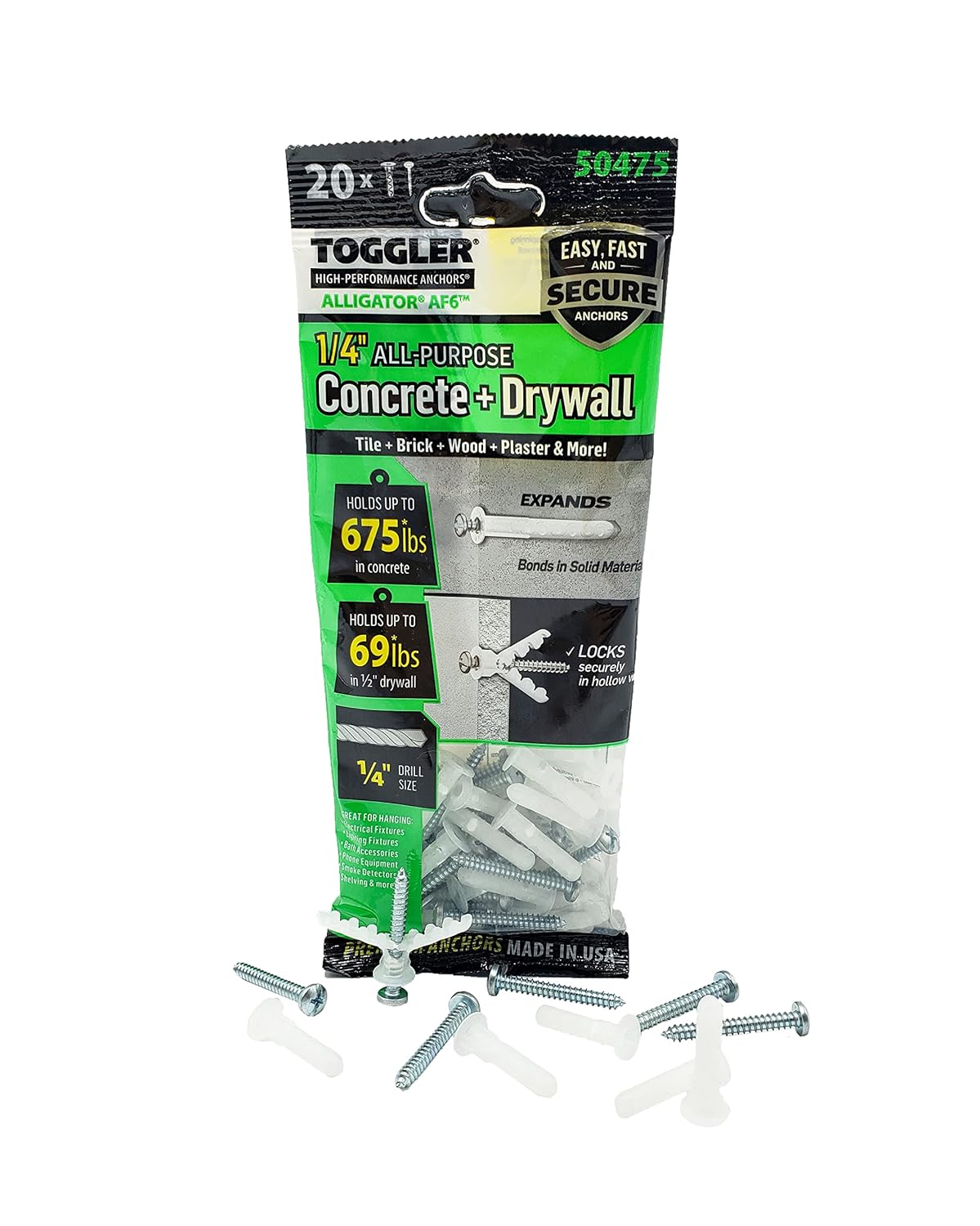 TOGGLER Alligator AF6 Flanged Anchor with Screws, Polypropylene, Made in US, for 6 to 12