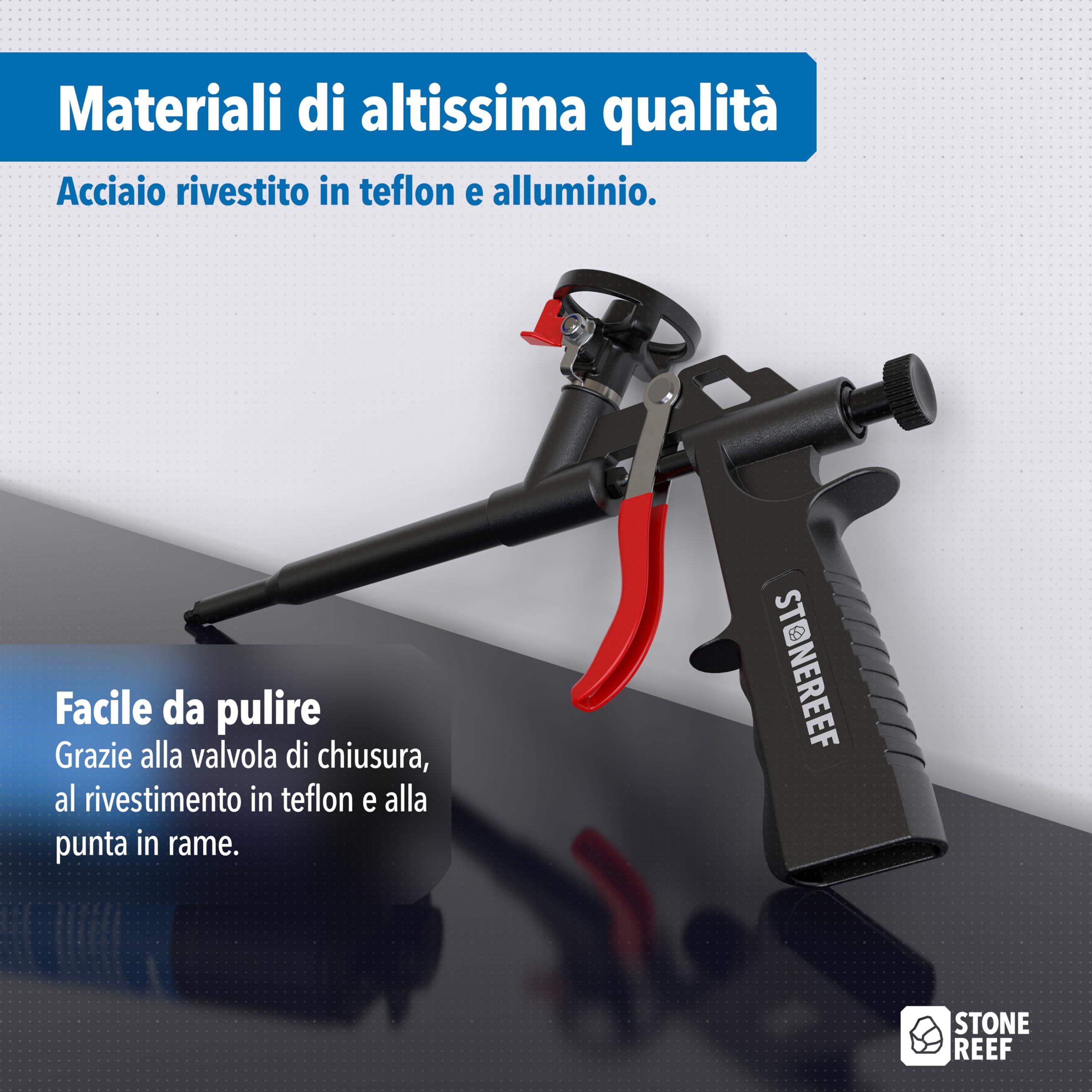 Pistola in schiuma PU, pistola dosatrice rivestita in teflon, in metallo, impugnatura ergonomica per un'applicazione precisa di schiuma da costruzione e schiuma di montaggio, strumento professionale