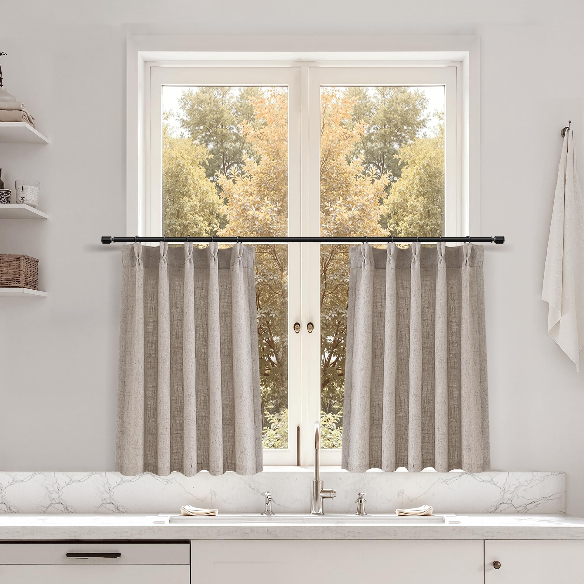 Beige Kitchen Window Curtains Tier 24 Inch Length 2 Panels Set, Linen Textured Pleated Light Filtering Semi Small Cafe Drapes, Farmhouse Rustic Window Treatments Toppers for Bathroom Basement 25x24