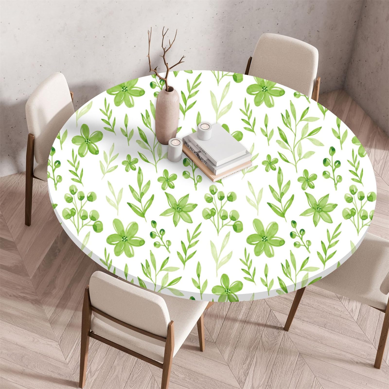 Muiuou Round Tablecloth, Flower Printing Waterproof Wipeable Table Cover Elastic Edge, Reusable Round Table Cover Cloth, Fitted Kitchen Restaurant Home Decoration