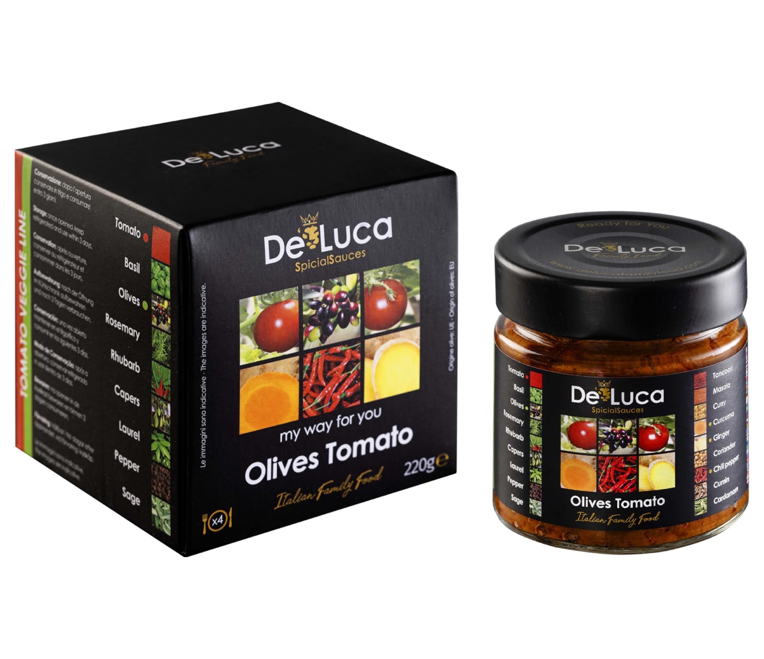 De Luca Family Food: 5 salsas Made in Italy, especiadas y listas para usar. Tomato 220gr, Tomato Tandoori 220gr, Olives Tomato 220gr, Zucchini 210gr, Mushrooms 210gr. Vegetarianos.