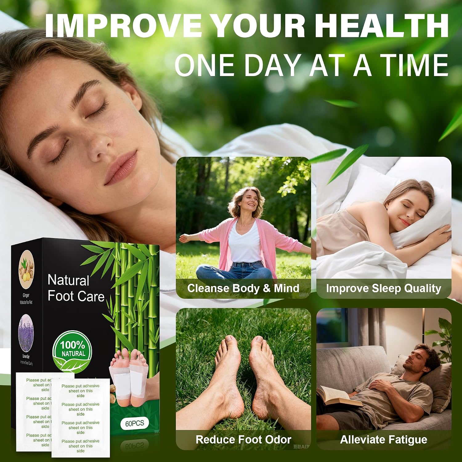 60 Pack Bamboo Foot Pads with Adhesive Sheets - Natural Bamboo Vinegar & Herbal Blend Pads for Relaxing Nighttime Foot Care, Easy to Use, Daily Refresh & Comfort
