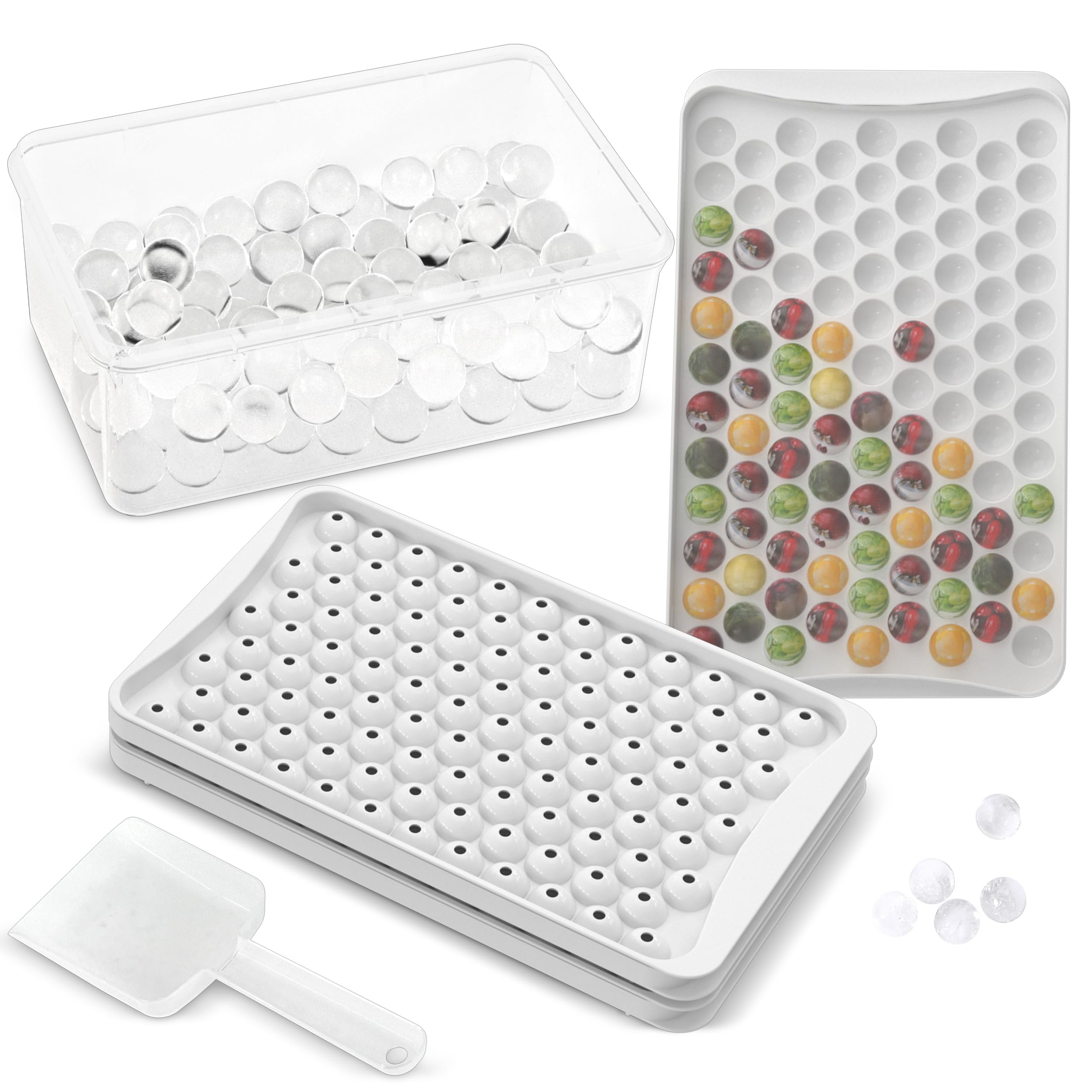 KICHLY 3 IJsblokjesbakjes Ballen - IJsblokjesmaker voor Vriezer – BPA-vrij – Perfect voor het Koelen van Cocktails, Whisky, Koffie Moeiteloos Los te Maken (104x3 Bolvormige Ballen Inclusief IJsbak