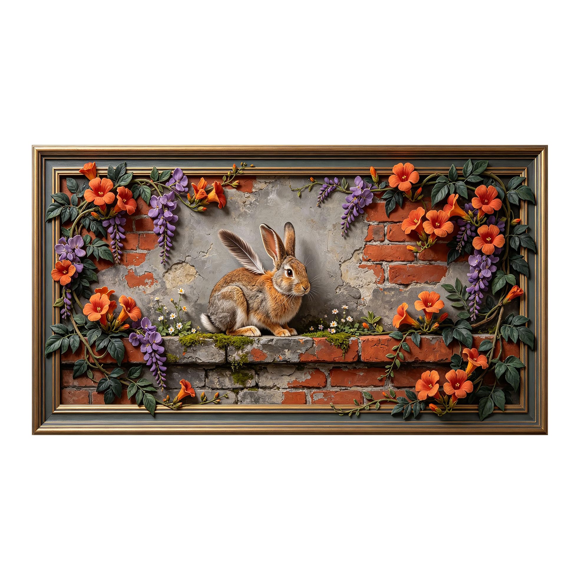 Yzpallescene 3D 3D Framed Wall Art 50cm×90cm Rustic Brick Wall Floral Rabbit Oil Painting Large Size SelfAdhesive Removable Wall Decor Prints Artwork for Living Room Bedroom Office