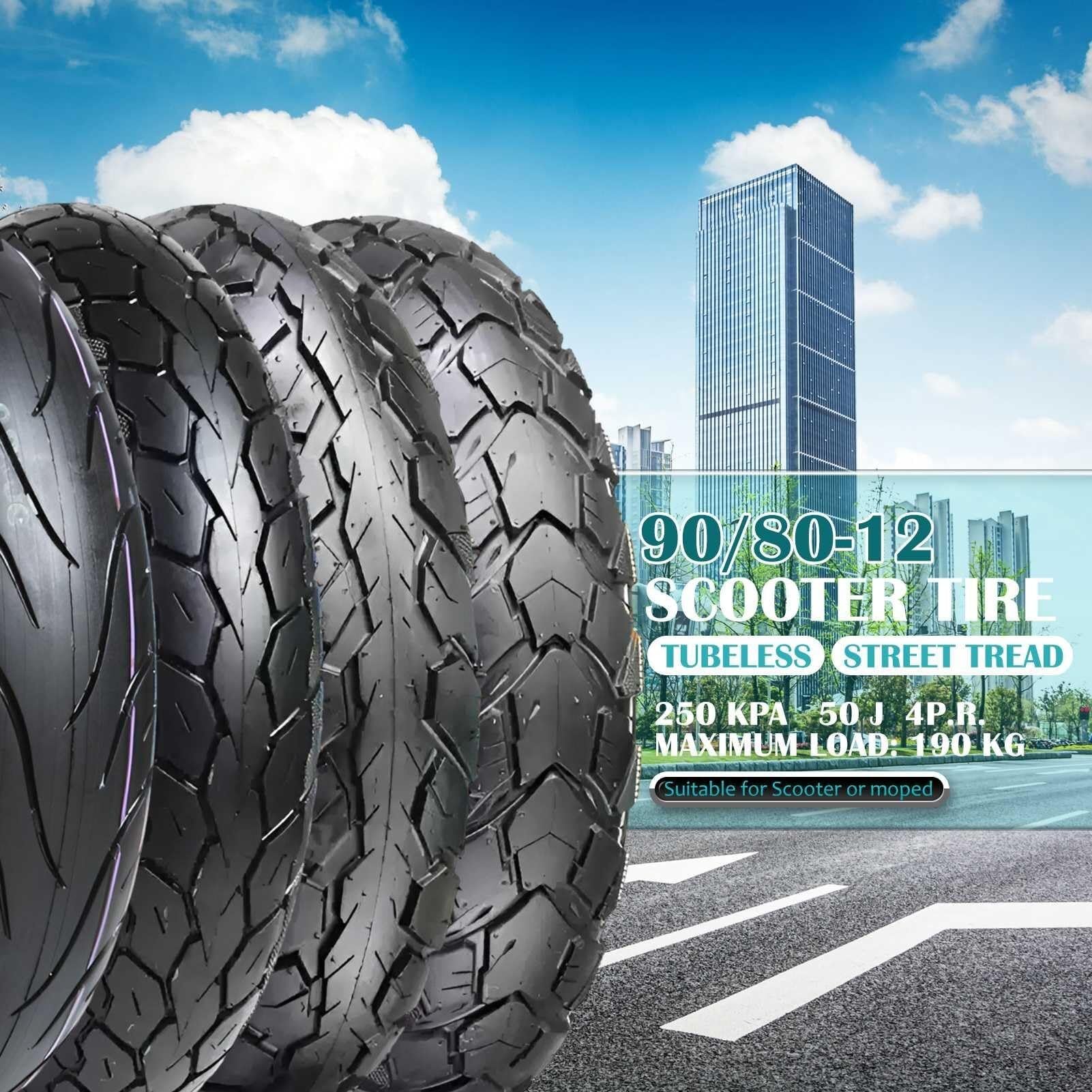 90/80-12 Opona Drogowa do Hulajnogi, 90 80 12 Opony Bezdętkowe z 4 Bieżnikami Przeciwpślizgowe Odporna na Zużycie 50J 250 kPa 190 kg Zamienna Czarna(Street Tread)