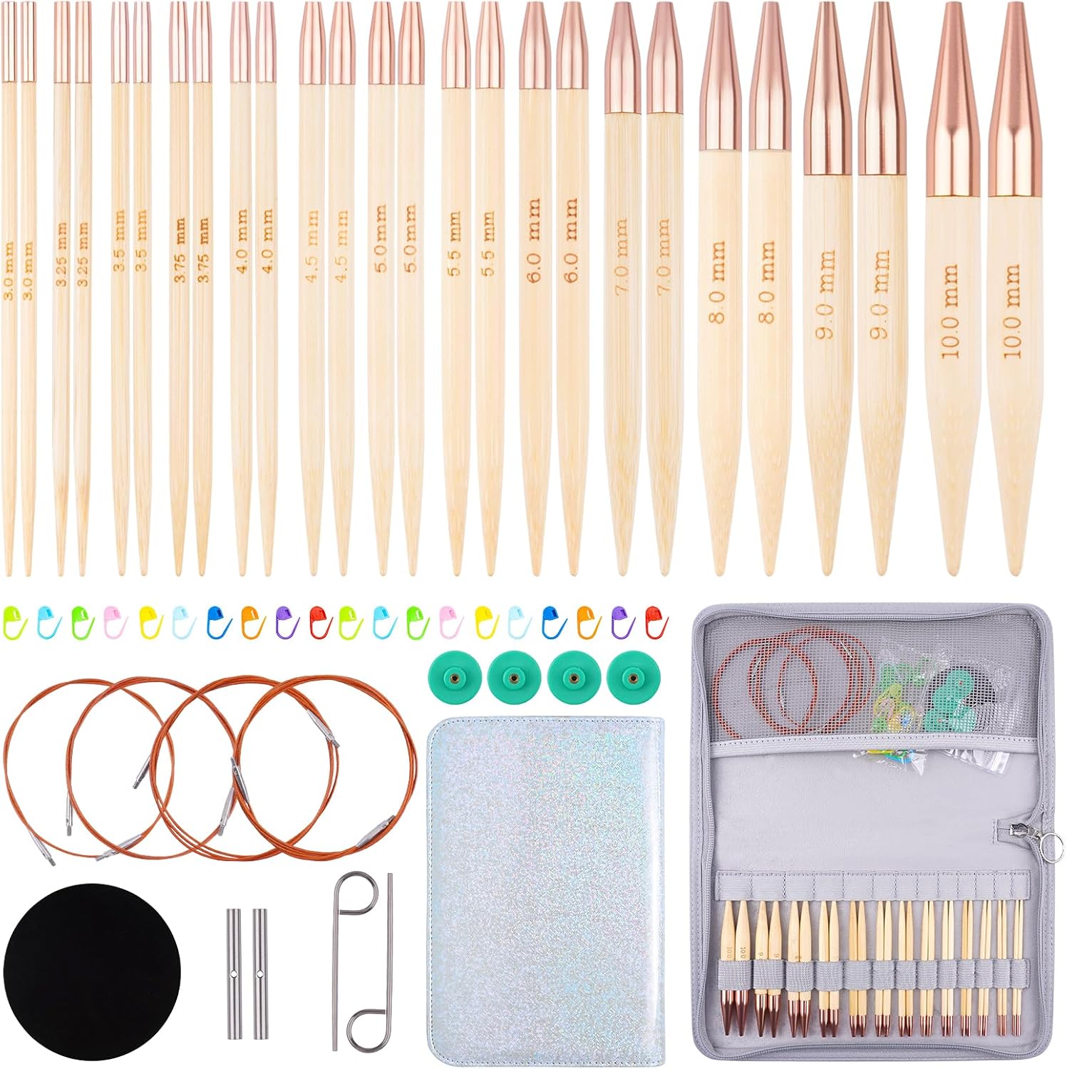 BsHooker Bamboo Circular Knitting Needles Set,13 Pairs Interchangeable Knitting Needles Kit with Storage Case,3mm-10mm Knitting Needles with Cables US 2.5-15