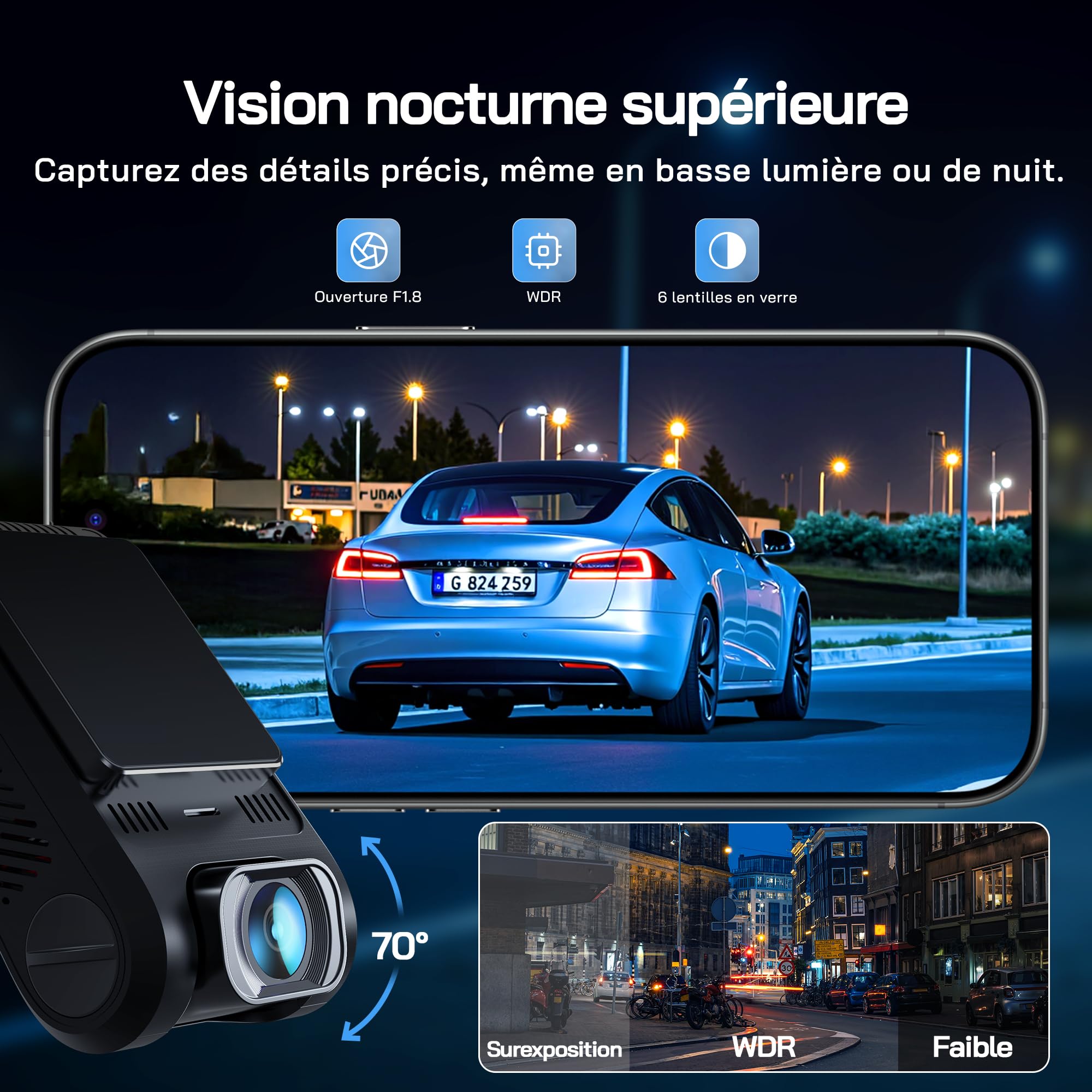 WOLFANG 2.5K Dashcam Voiture, Wi-FI Caméra Voiture, IPS 2" Grand Angle 170°, G-Capteur, Mode Stationnement 24H, Vision Nocturne, Enregistrement en Boucle