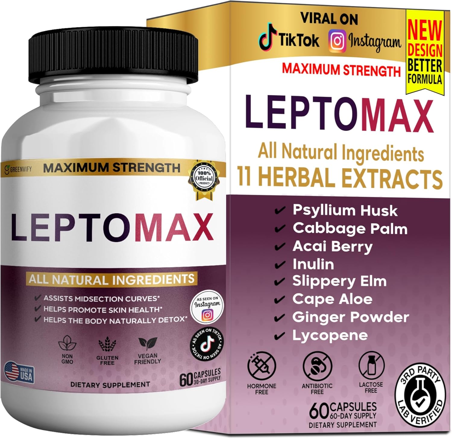 LEPTOMAX Maximum Strength Natural Dietary Supplement, 60 Capsules, Vegan, Non-GMO, Gluten Free, with Psyllium, Acai Berry, Aloe for Skin Health and Natural Detox (1) - Image 1 of 7
