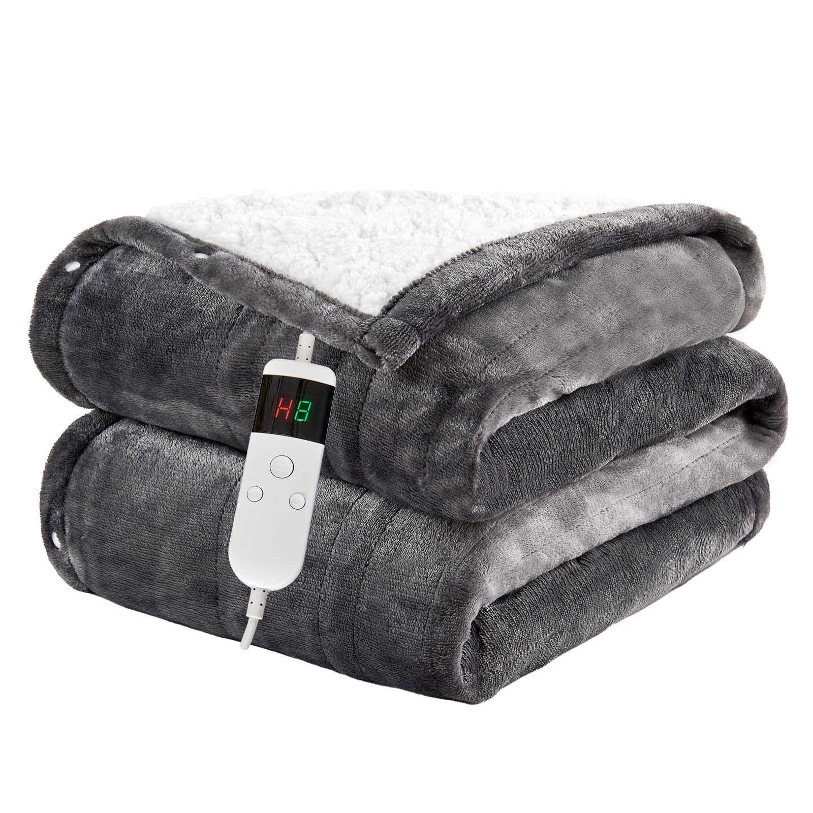 Qieryun Light Gray Heated Throw 130X160cm Electric Blanket, 10 Heating Settings, 1-8H Timer Overheat Protection, Machine Washable, Flannel & Sherpa Full Body Warming, Electric Throw Blanket For Sofa