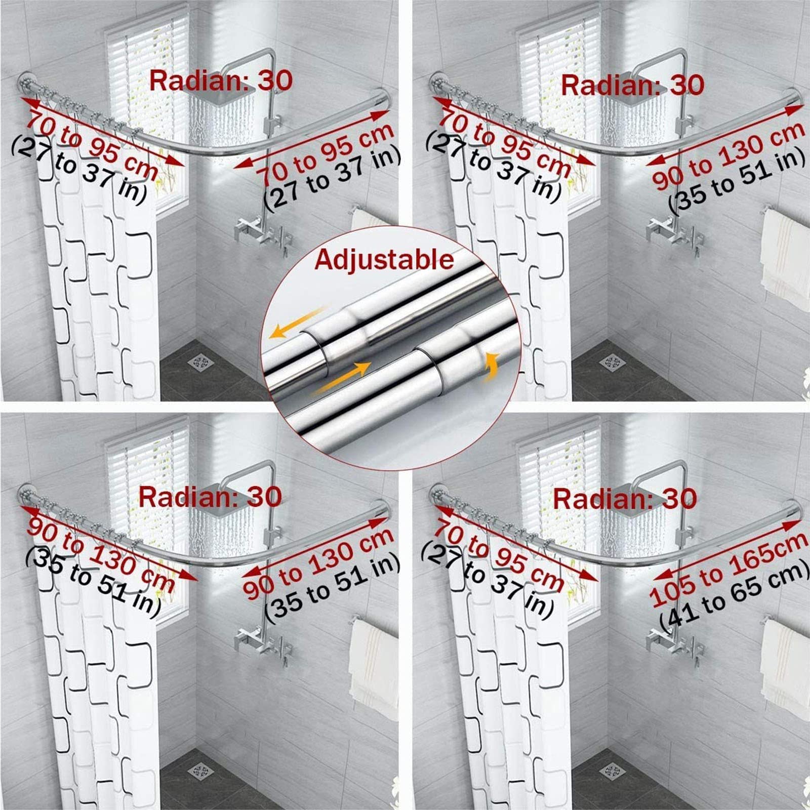 Barra de cortina de ducha extensible curvada de acero inoxidable, barra ajustable de 70 a 95 cm para baño, fácil de instalar y elegante
