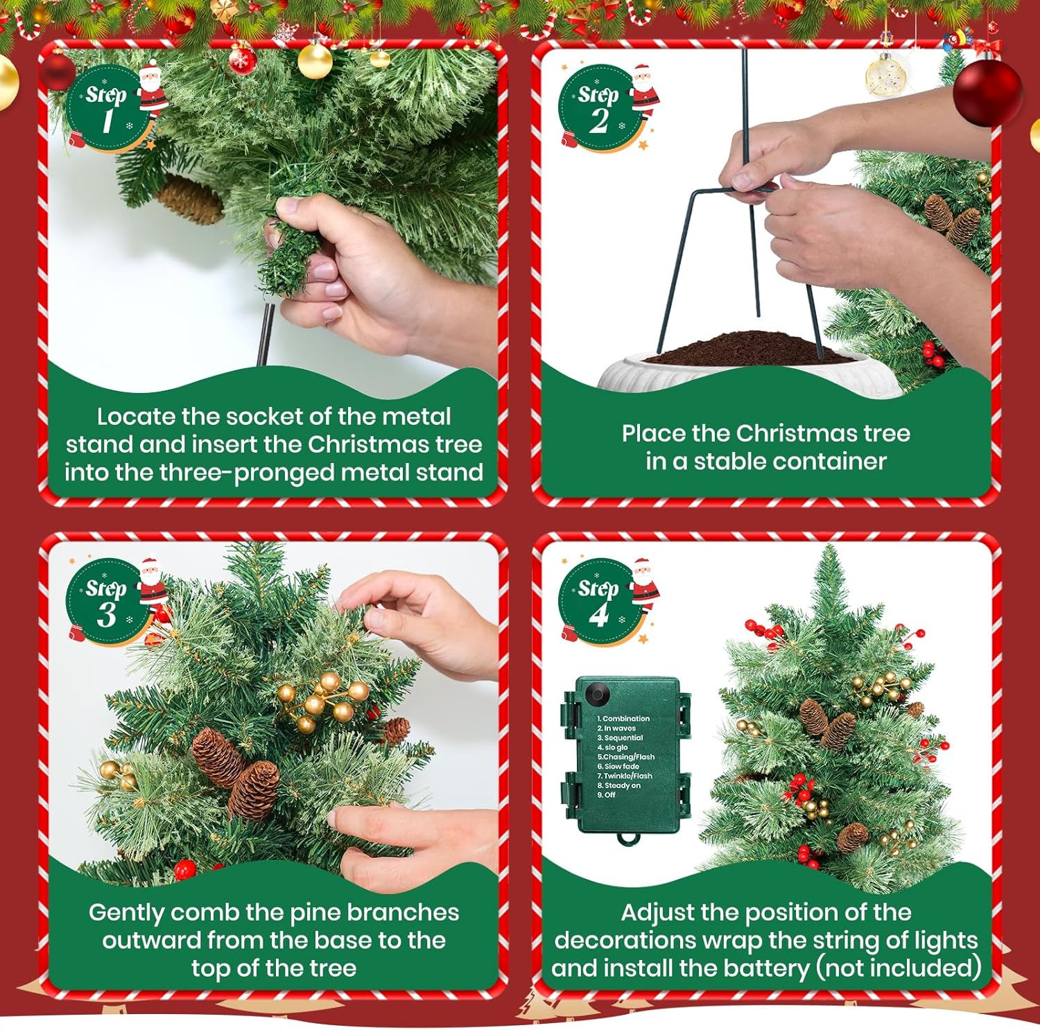 Set of 2 30Inch Christmas Tree Urn Filler with Lights, Artificial Xmas Trees with Pine Cones and Red Berries, Christmas Outdoor Decorations for Porch Yard