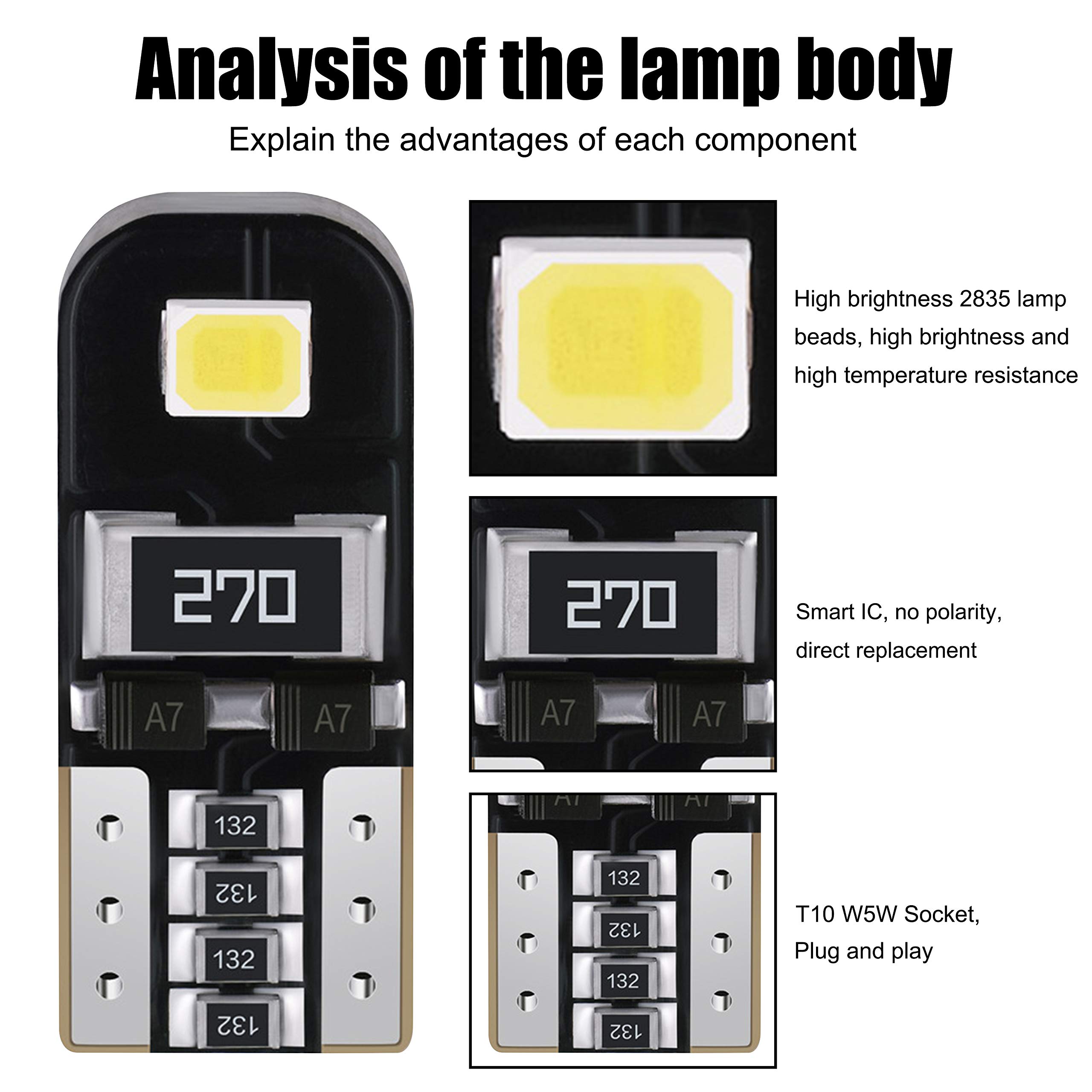 Żarówka LED CanBus T10 194 2835 Chipsety 168 175 2825 W5W Oświetlenie tablicy rejestracyjnej Wnętrze samochodu Mapa Dome Światło boczne 6000K Biały 2.6W 12V (opakowanie 10 sztuk)