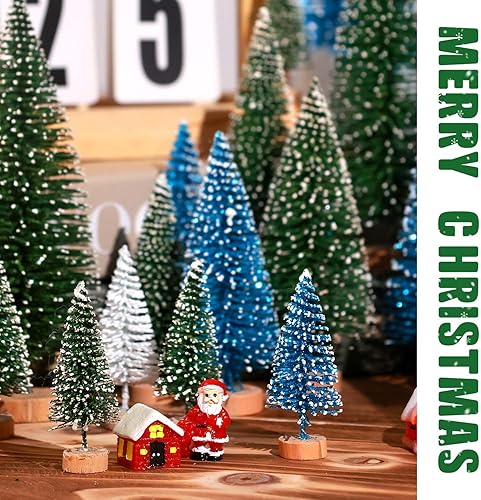 Miniatura 3 de 30 piezas de mini árboles de Navidad artificiales para árbol de Navidad, árboles de cepillo con base de madera para decoración de Navidad, fiesta de