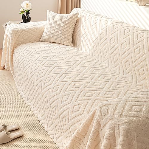 Newwiee Funda de sofá de felpa jacquard rómbico de 71 x 118 pulgadas, cálida, funda de sofá de felpa esponjosa, protector de muebles, acogedor