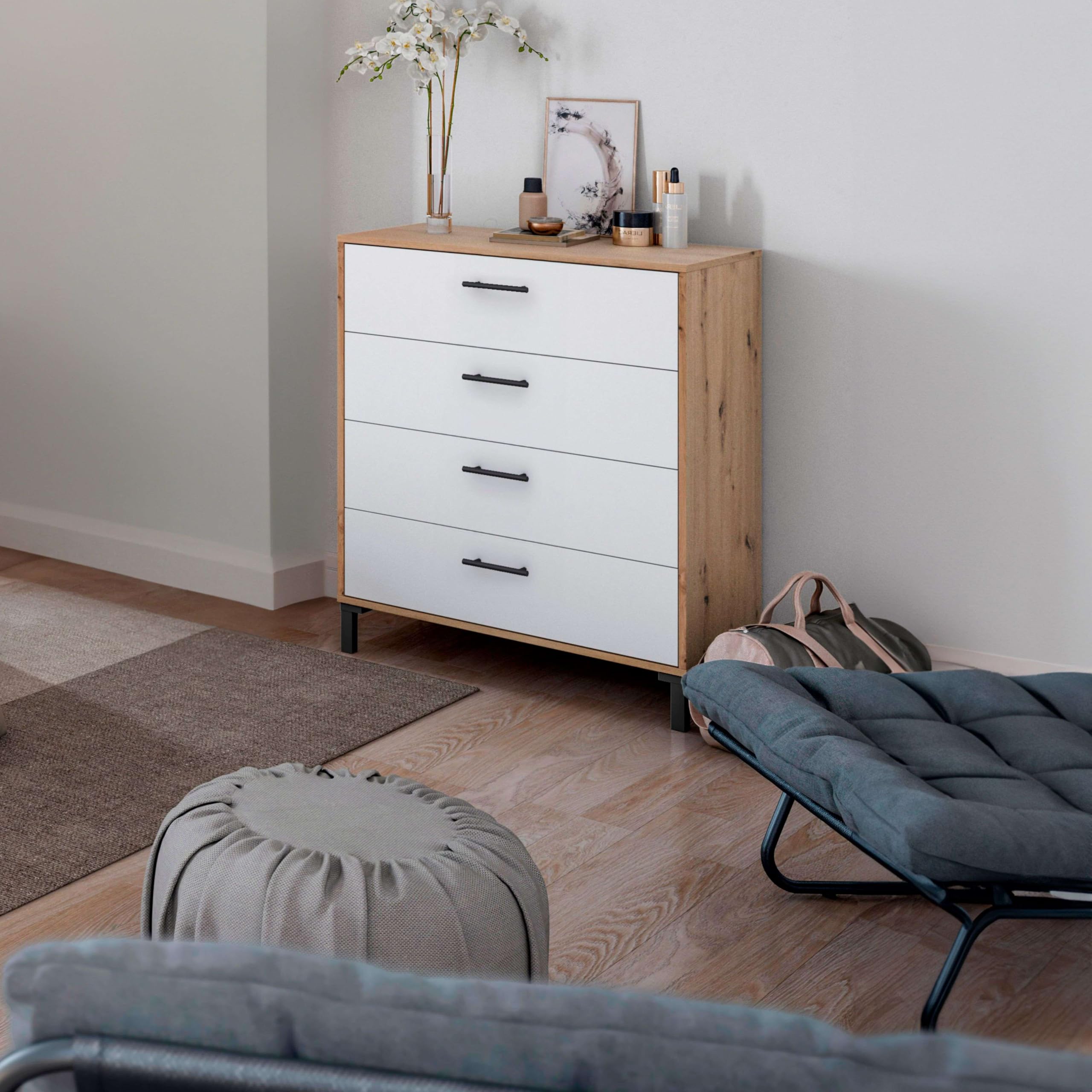 Bricohabitat Cómoda Dormitorio Cajonera 4 Cajones Sinfonier Lúmina Blanco Artik y Roble Nodi 78x94x40 cm