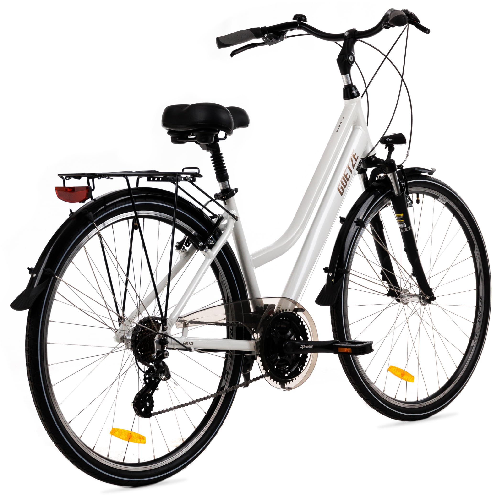 Goetze Picnic 28 Zoll Damen Trekkingrad, Aluminium Rahmen 17/19 Zoll, Shimano 21-Gang Schaltung, Federgabel, Verstellbarer Vorbau, Gefederte Sattelstütze, LED-Beleuchtung, Gepäckträger