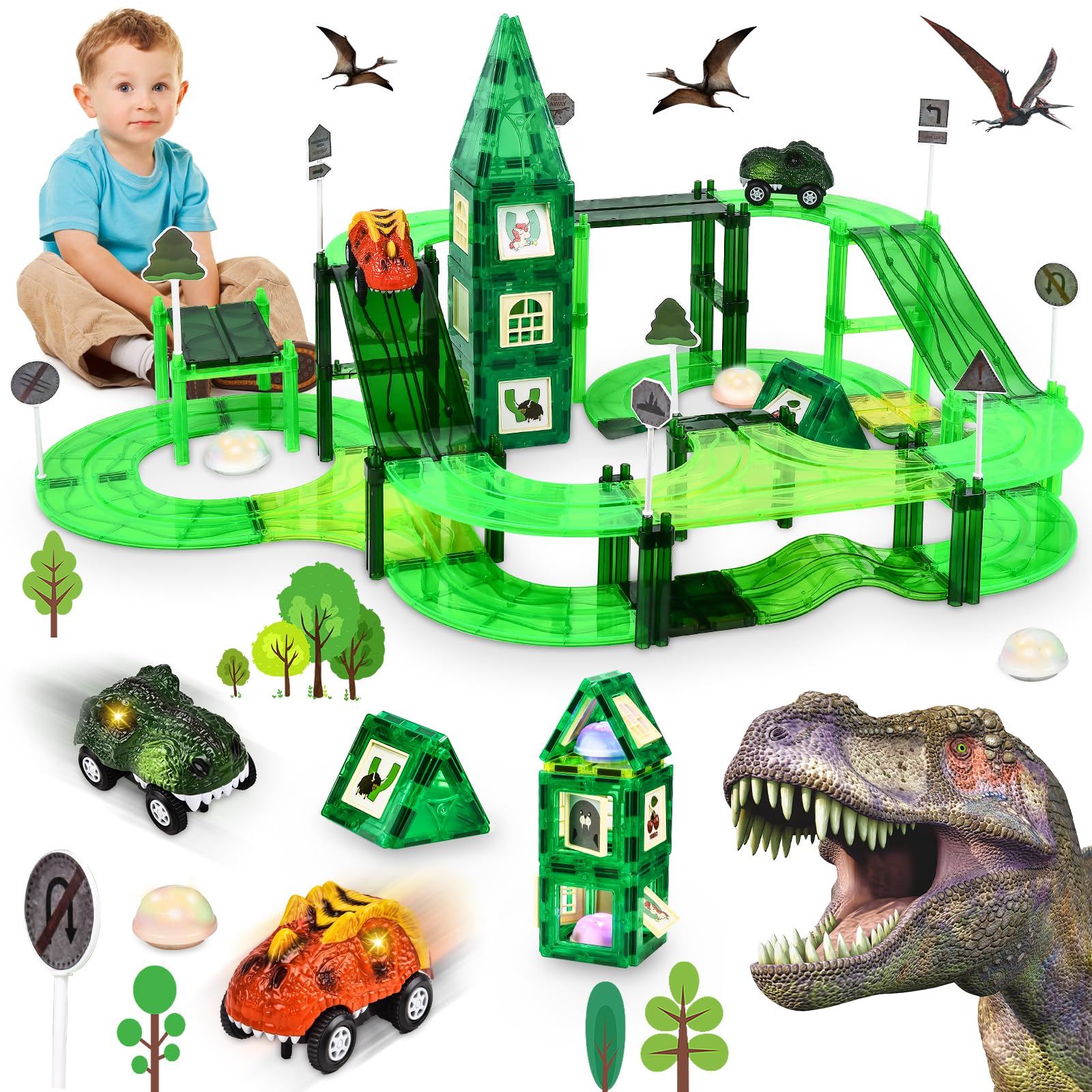 Sealilac 164 Piezas Bloques de Construcción Magnéticos, Pista de Coches Dinosaurios Juguetes Niños Bloques de Construcción de Juguete, Juguetes Montessori Educativos Regalo para Niños