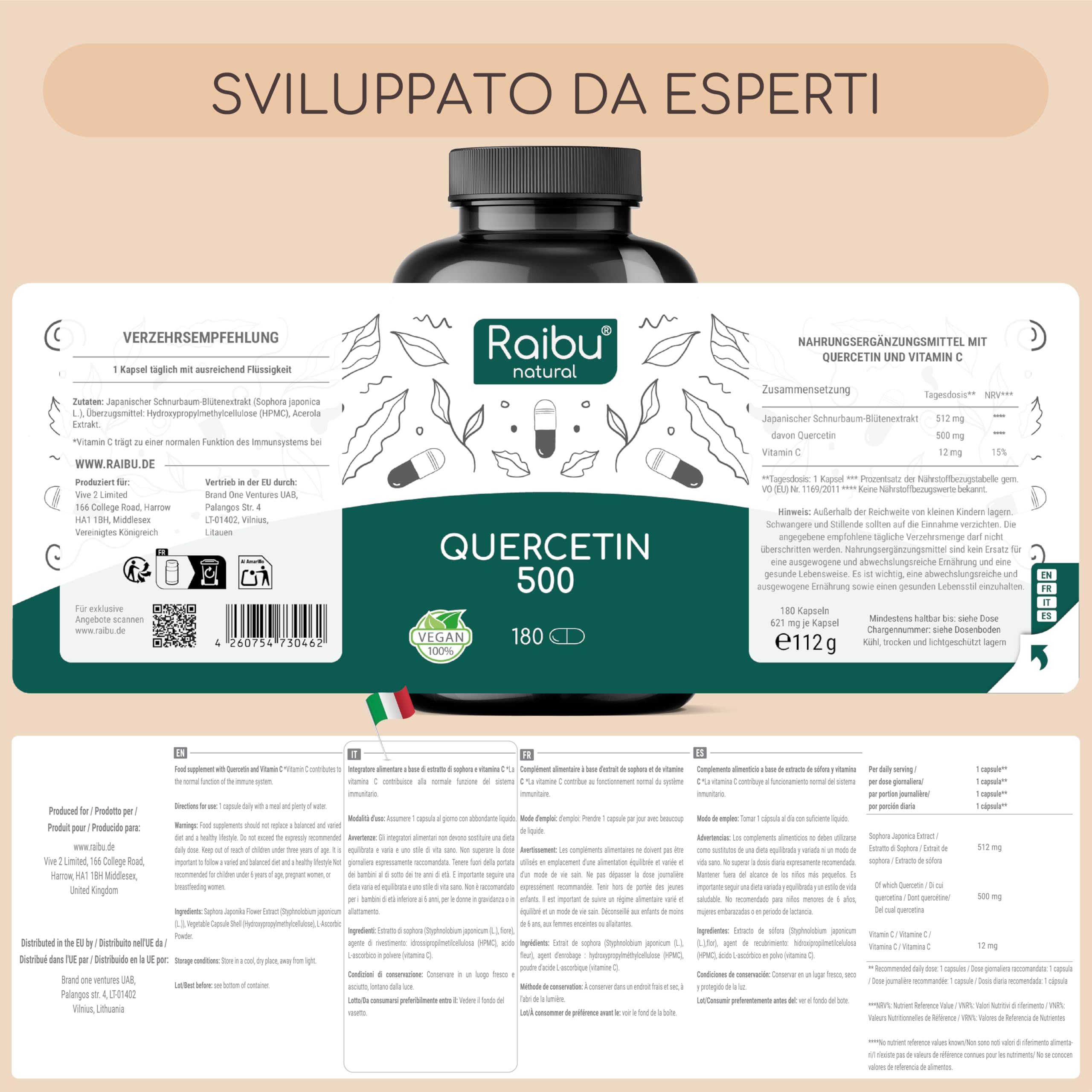 Quercetina 500 mg Pura – 180 Capsule (6 MESI di Fornitura) I 95% di Contenuto di Quercetina I Estratto di Sophora Japonica I Integratore di Flavonoidi I Testato in Laboratorio e Vegano, Raibu