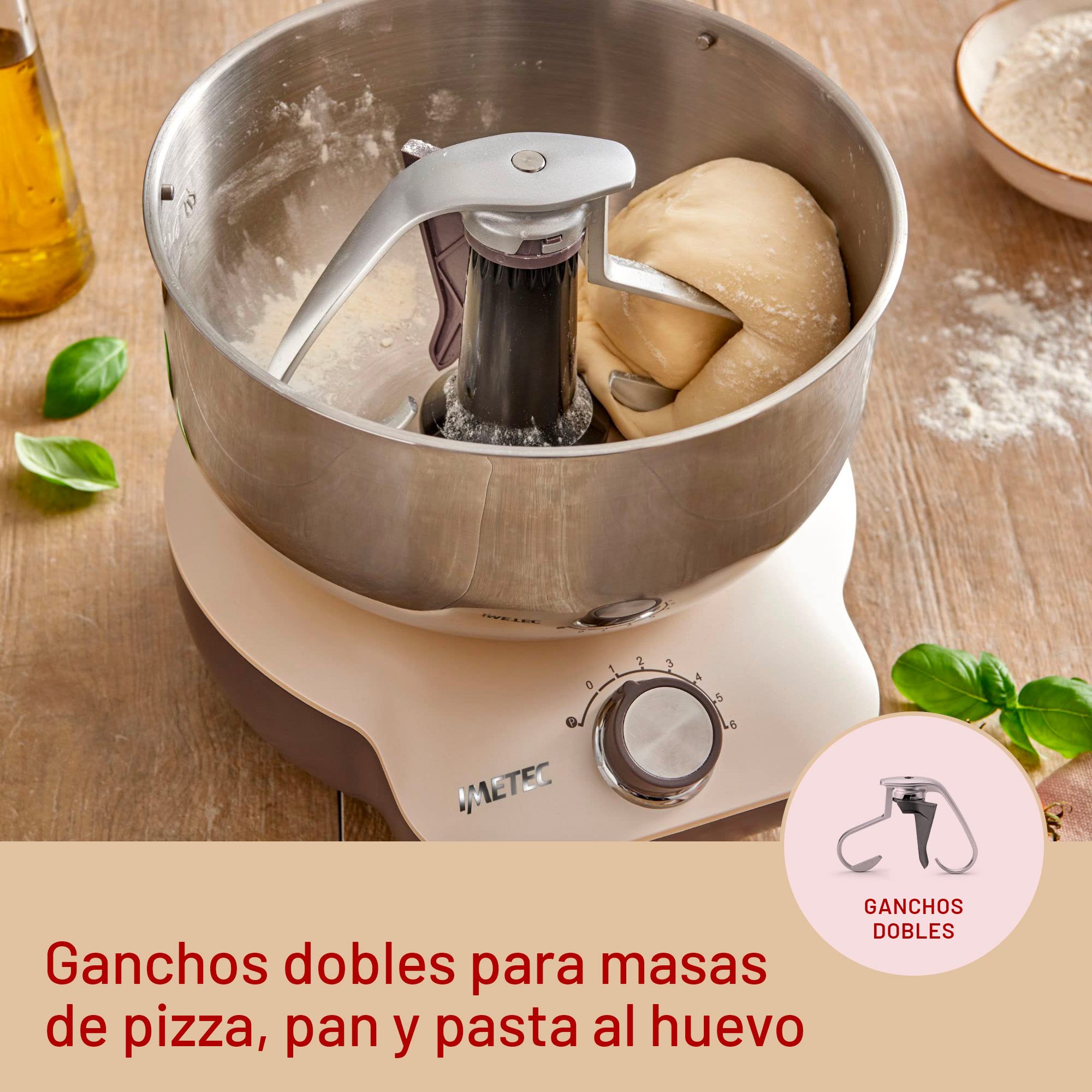 Imetec CakeLover, Batidora planetaria para dulces, Cremas y masas saladas, equipada, Compacta, 1500 W, Recipiente de acero inoxidable, 5 Litros, 6 Velocidades, Recetario, Color Negro/Beige