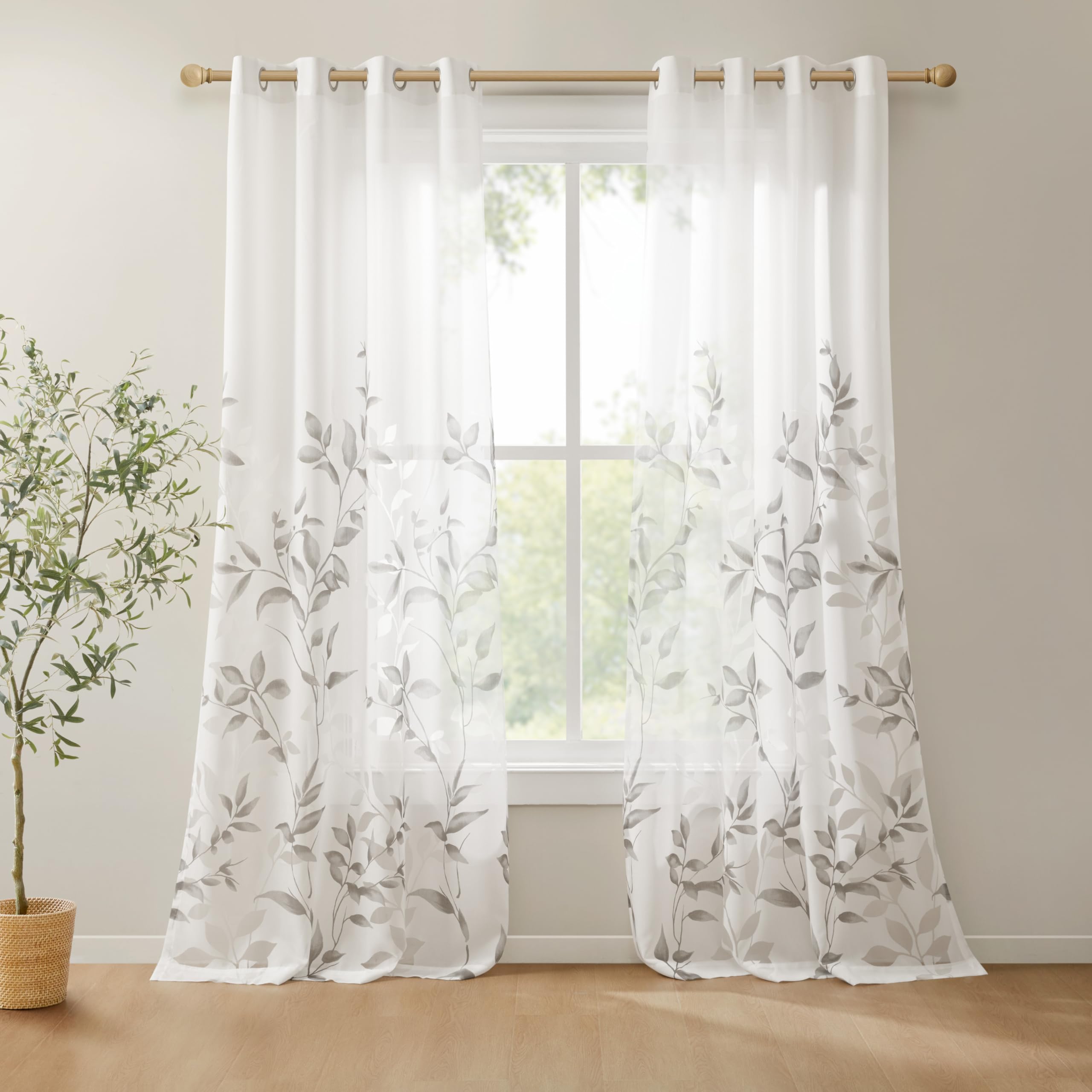 Madison Park Cecily Semi Sheer SINGLE Panel Window Curtain Burnout Botanical Print, Easy To Hang, Fits up to 1.25" Diameter Rod, 50x84", Leaves Grey (Pack of 1)